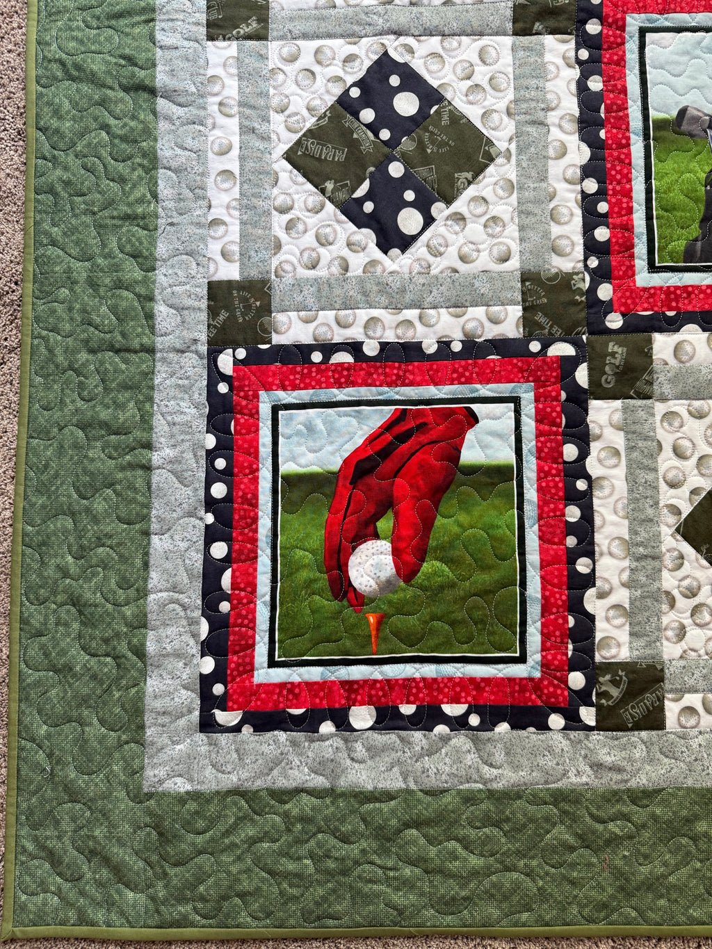 Golf quilt corner detail showing quilting stitches