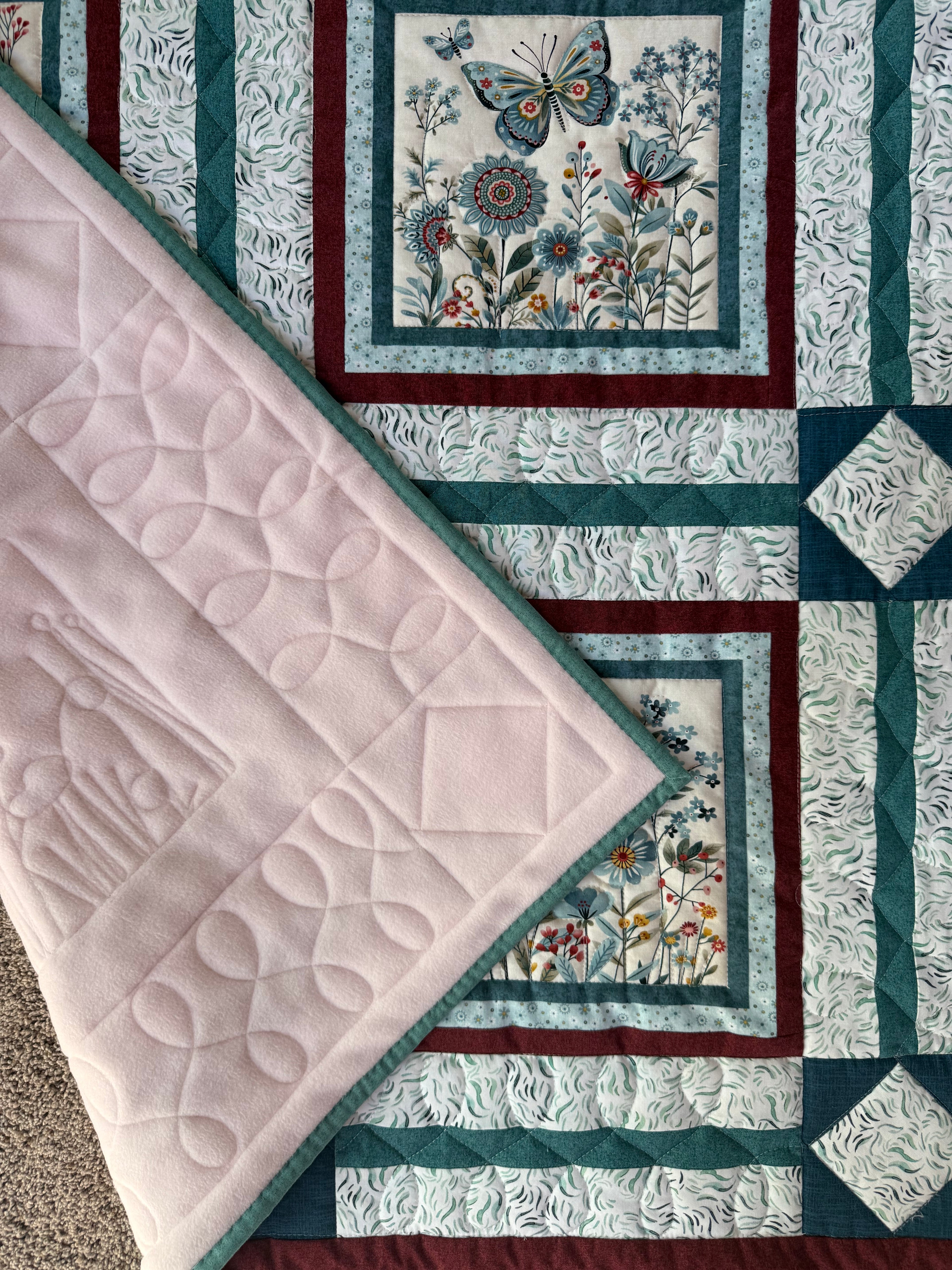 Handmade Butterfly Crib Quilt: Blue, Pink, Green Floral Nursery Decor