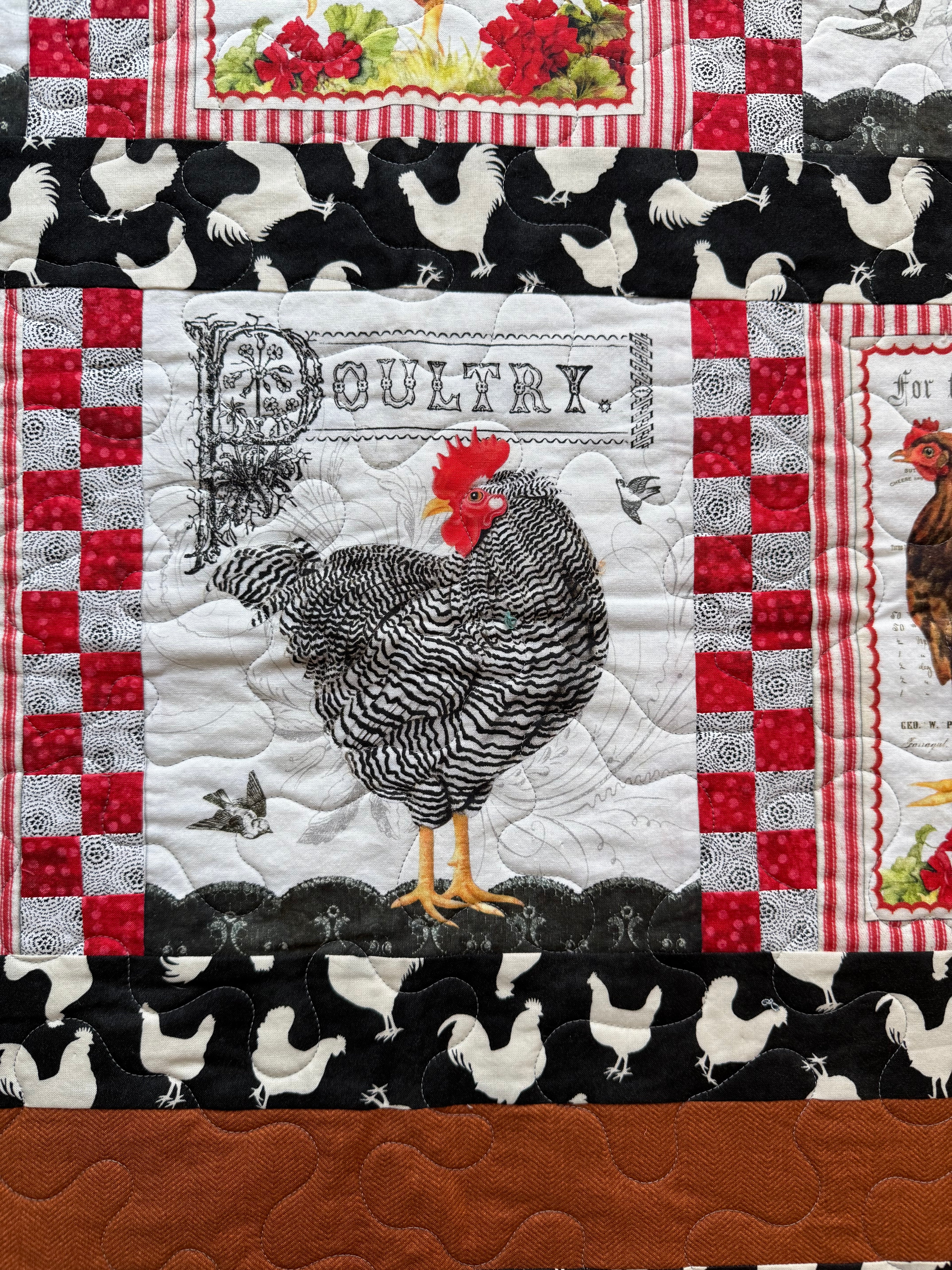 Handmade chicken-themed quilt in farm animal prints, soft cotton, by Oak & Thread Quilts