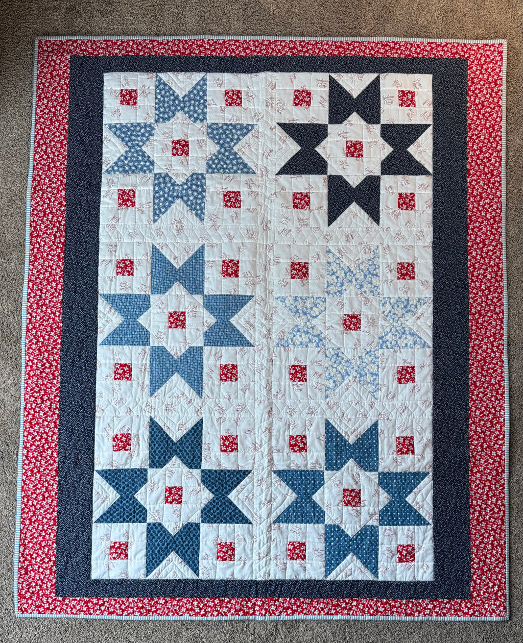 Handmade Star Quilt: 30s Vintage Style, Red White Blue Lap Quilt