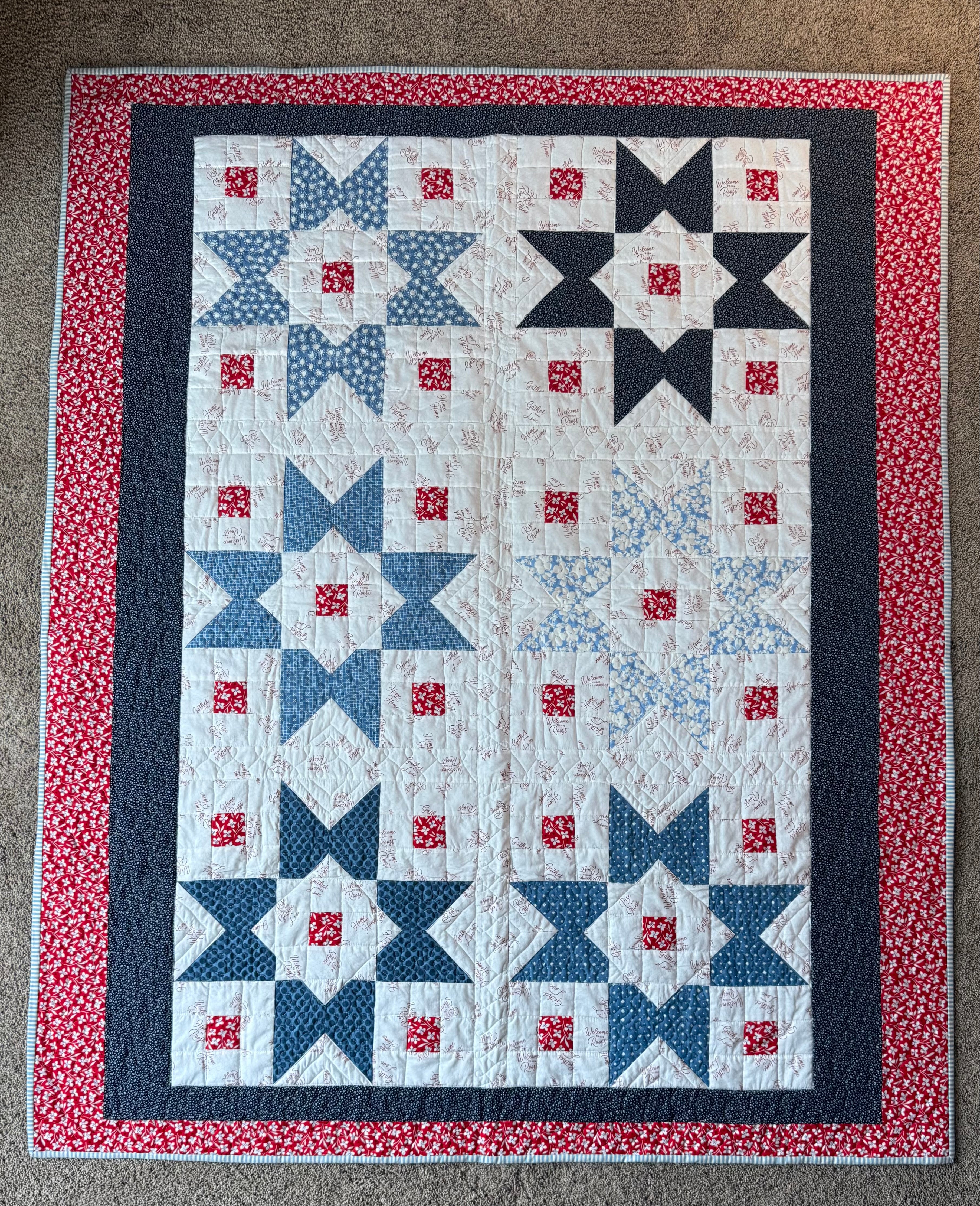 Handmade Star Quilt: 30s Vintage Style, Red White Blue Lap Quilt