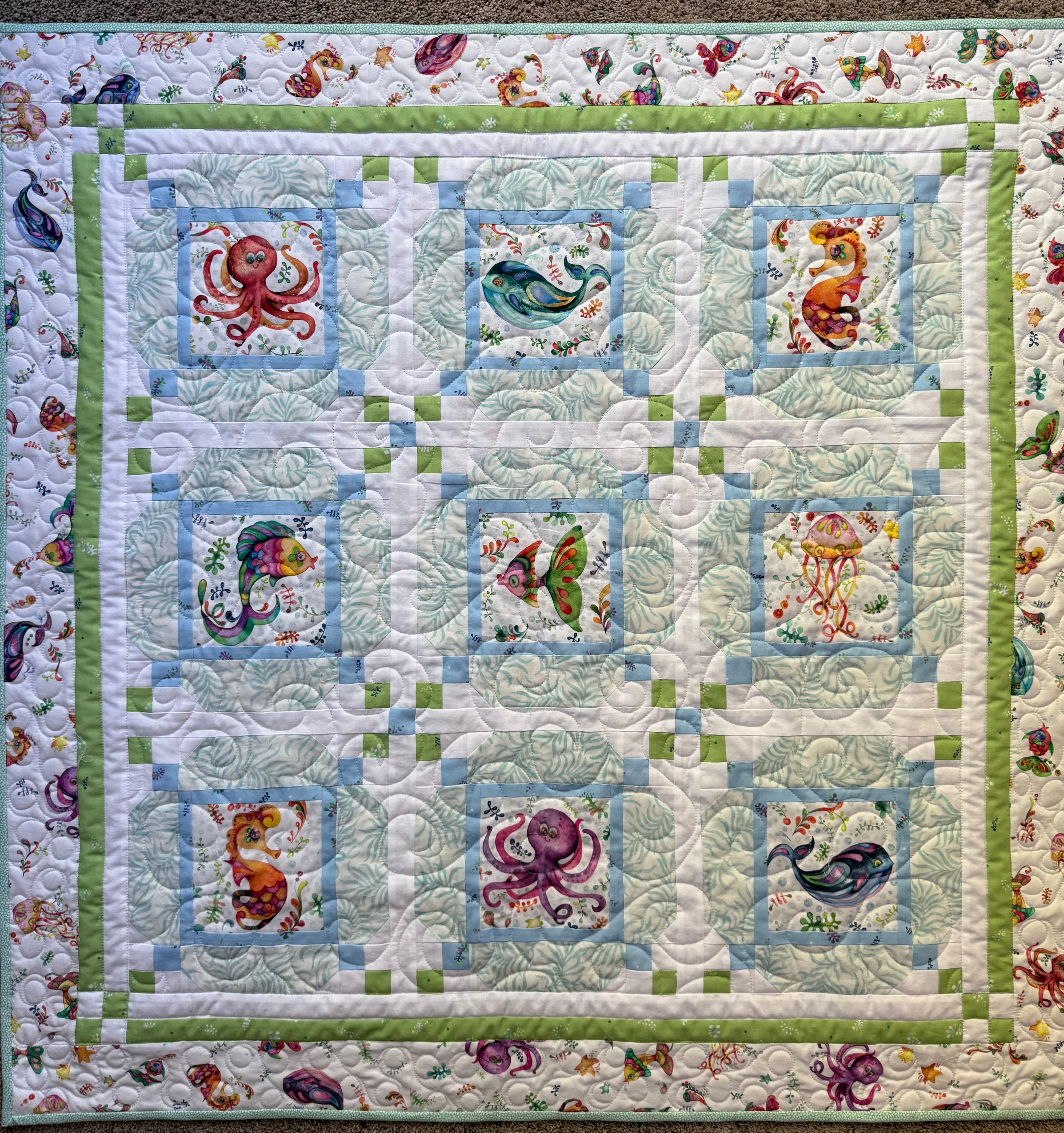 Happy Ocean Life Baby Quilt: handmade baby quilt, 42” x 42”