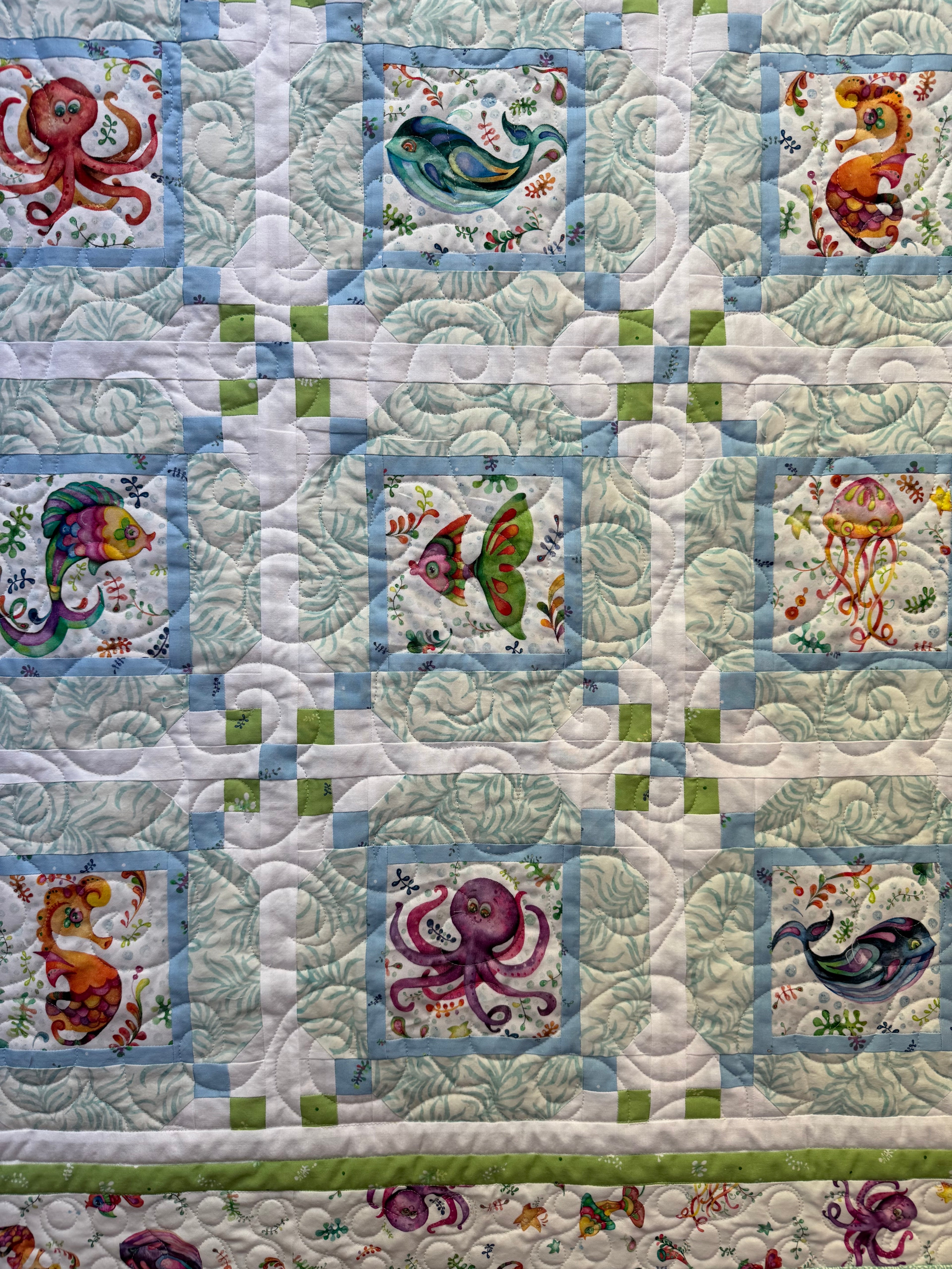 Happy Ocean Life Baby Quilt: handmade baby quilt, 42” x 42”