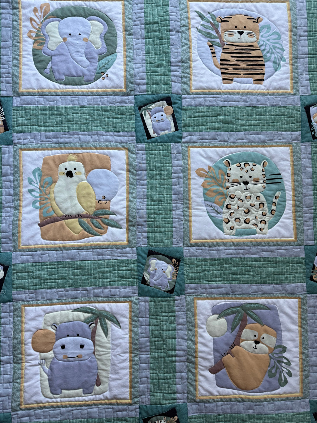 Jungle Baby Quilt: green and gray safari animals