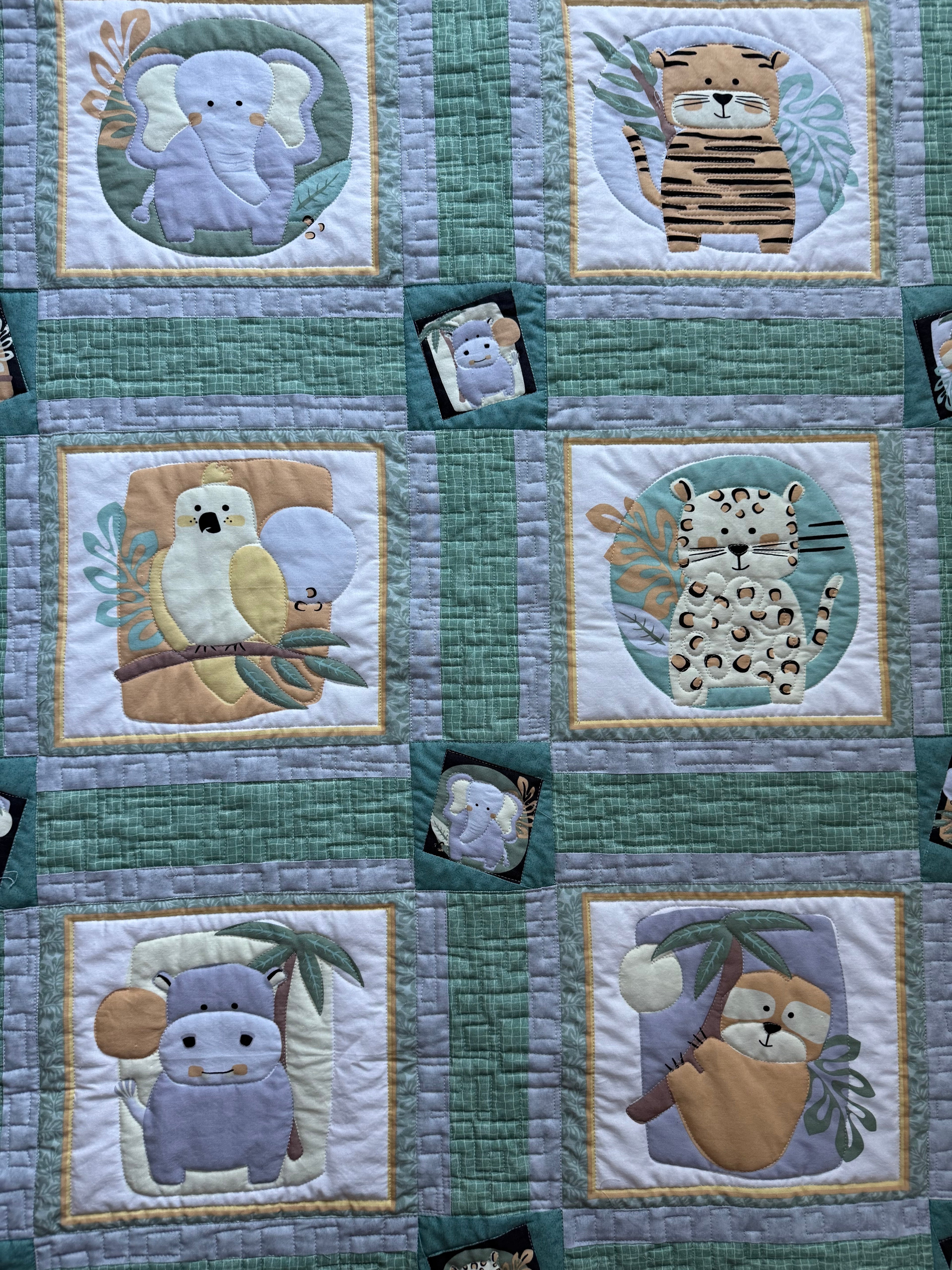 Jungle Baby Quilt: green and gray safari animals
