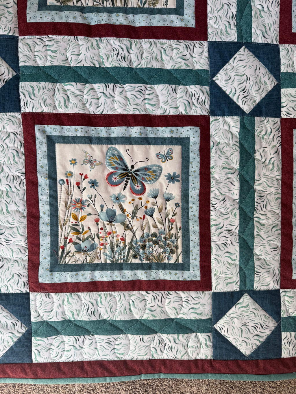 Handmade Butterfly Crib Quilt: Blue, Pink, Green Floral Nursery Decor