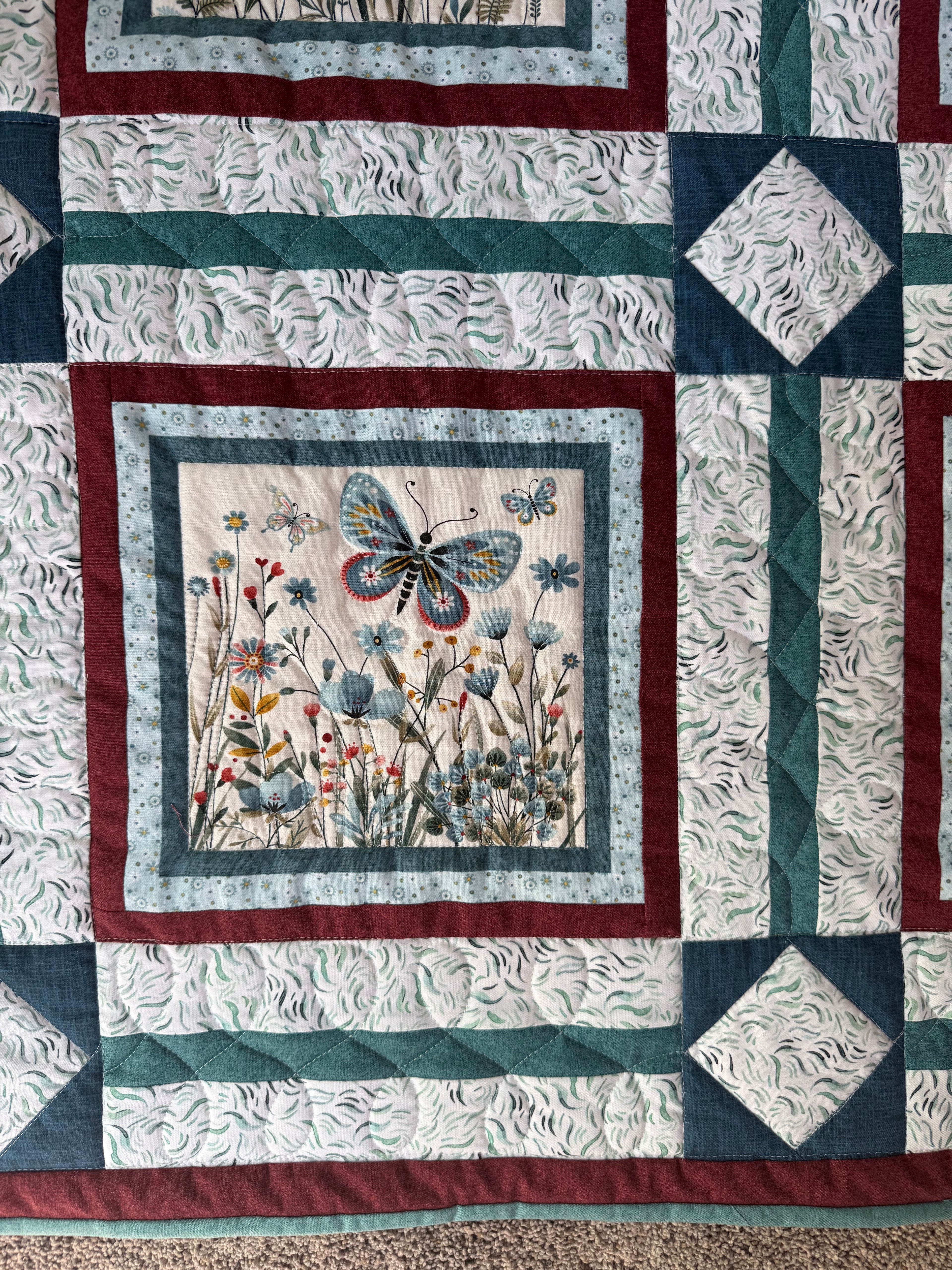Handmade Butterfly Crib Quilt: Blue, Pink, Green Floral Nursery Decor