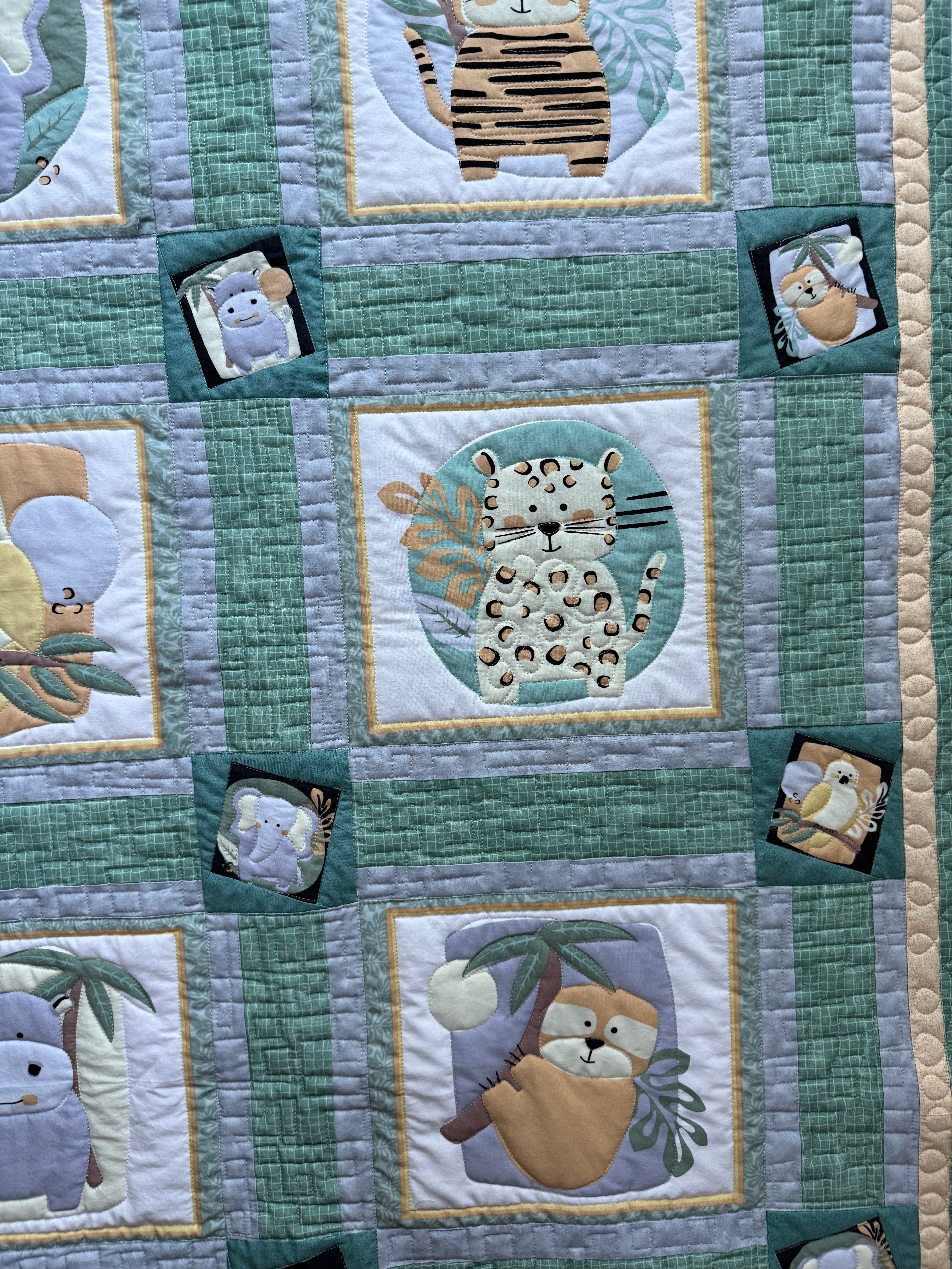 Jungle Baby Quilt: green and gray safari animals