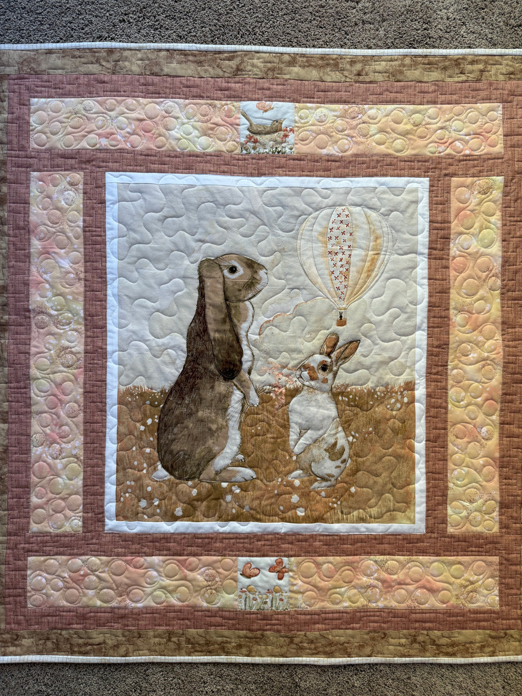 Handmade Bunny Farm Baby Quilt: 38” x 40”