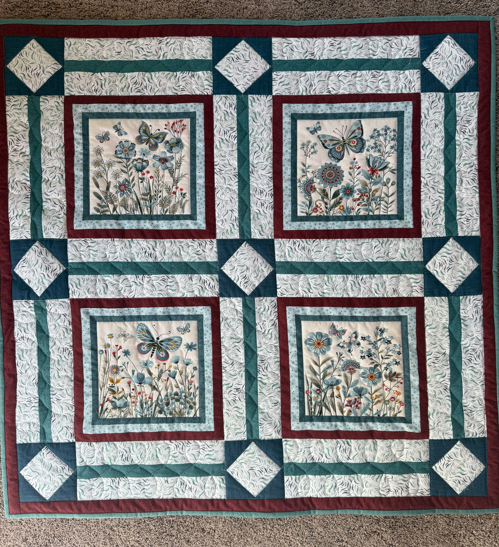 Handmade Butterfly Crib Quilt: Blue, Pink, Green Floral Nursery Decor