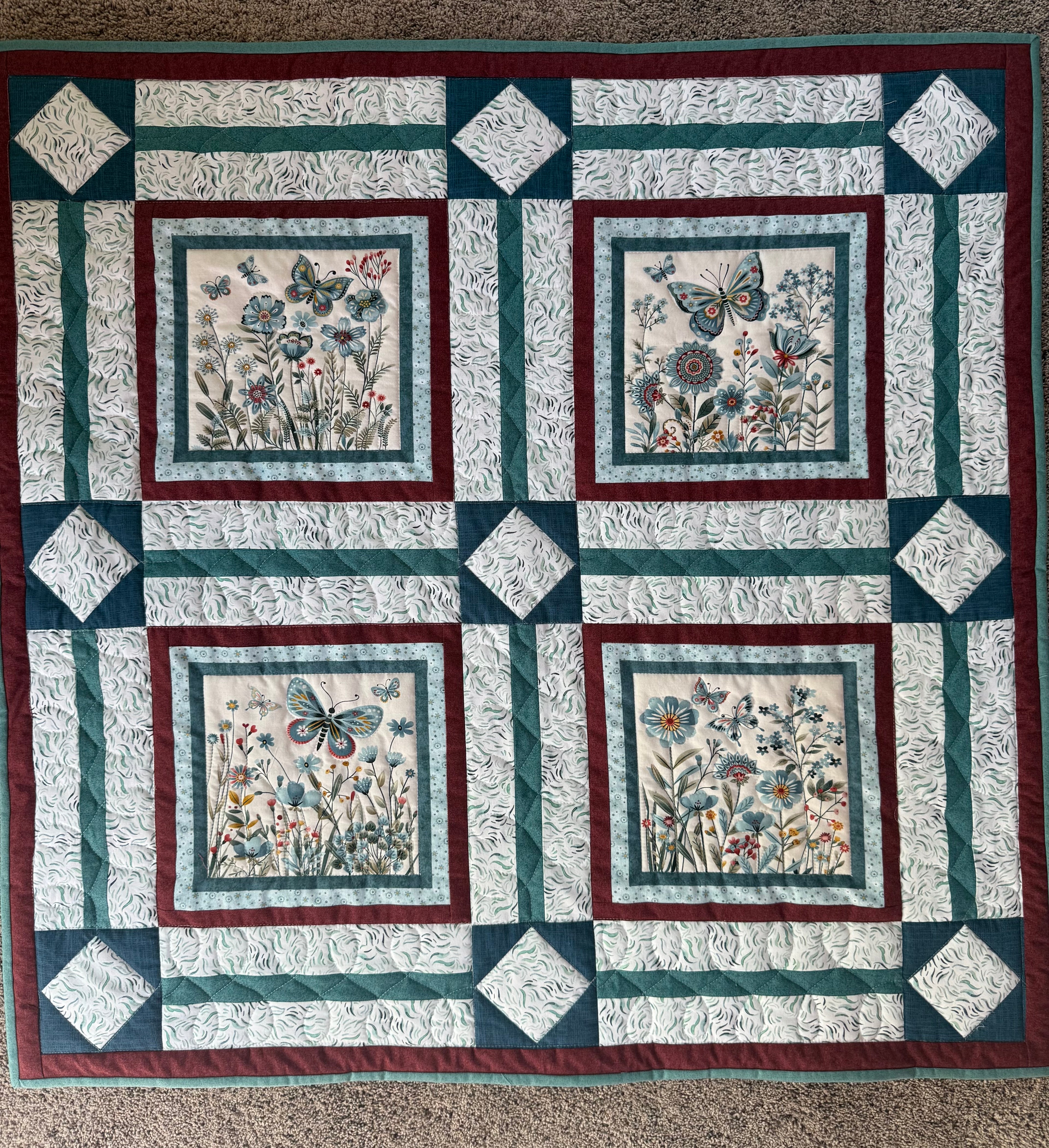 Handmade Butterfly Crib Quilt: Blue, Pink, Green Floral Nursery Decor
