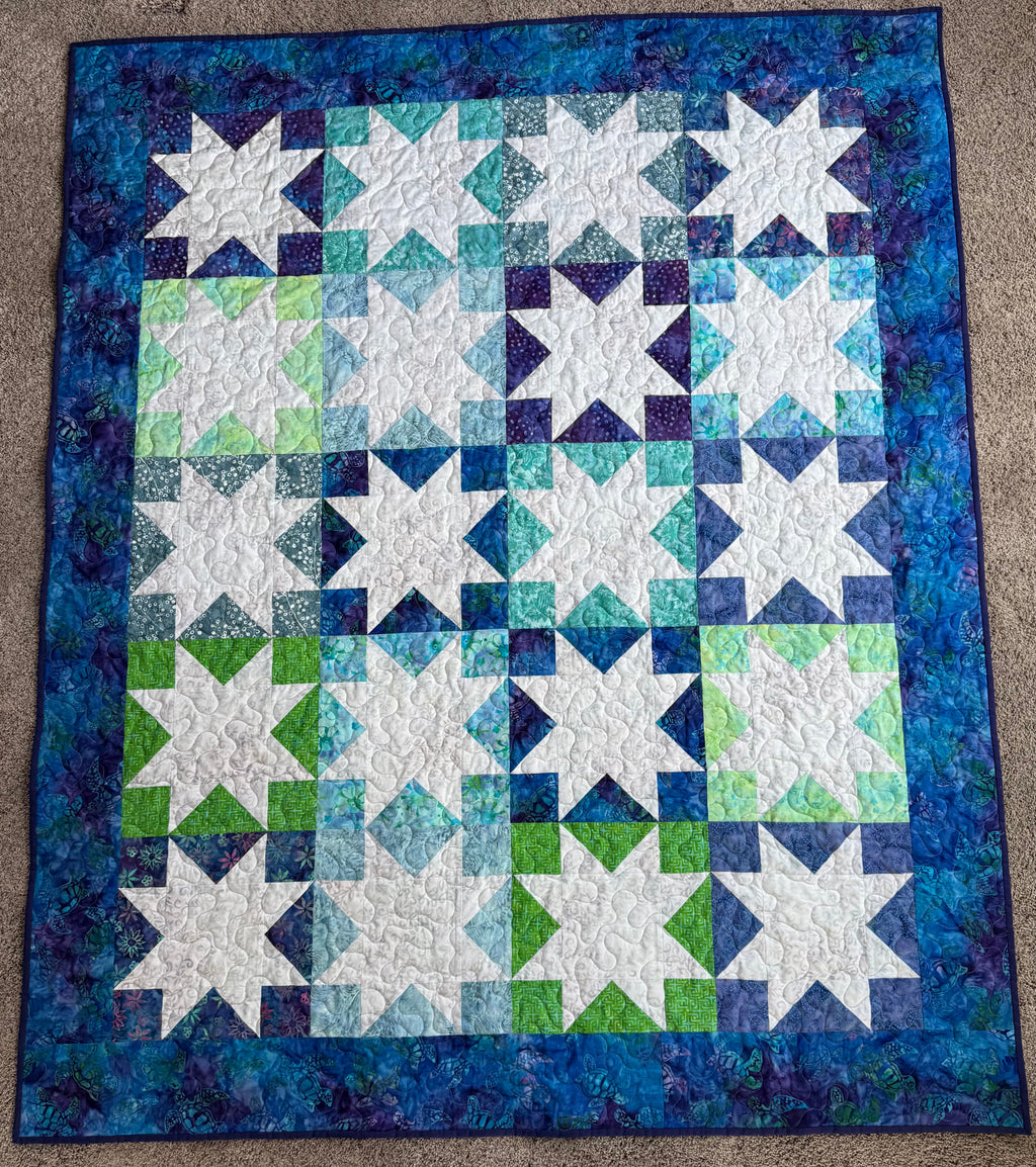 Handmade sea turtle and stars quilt — unique gift for ocean lovers