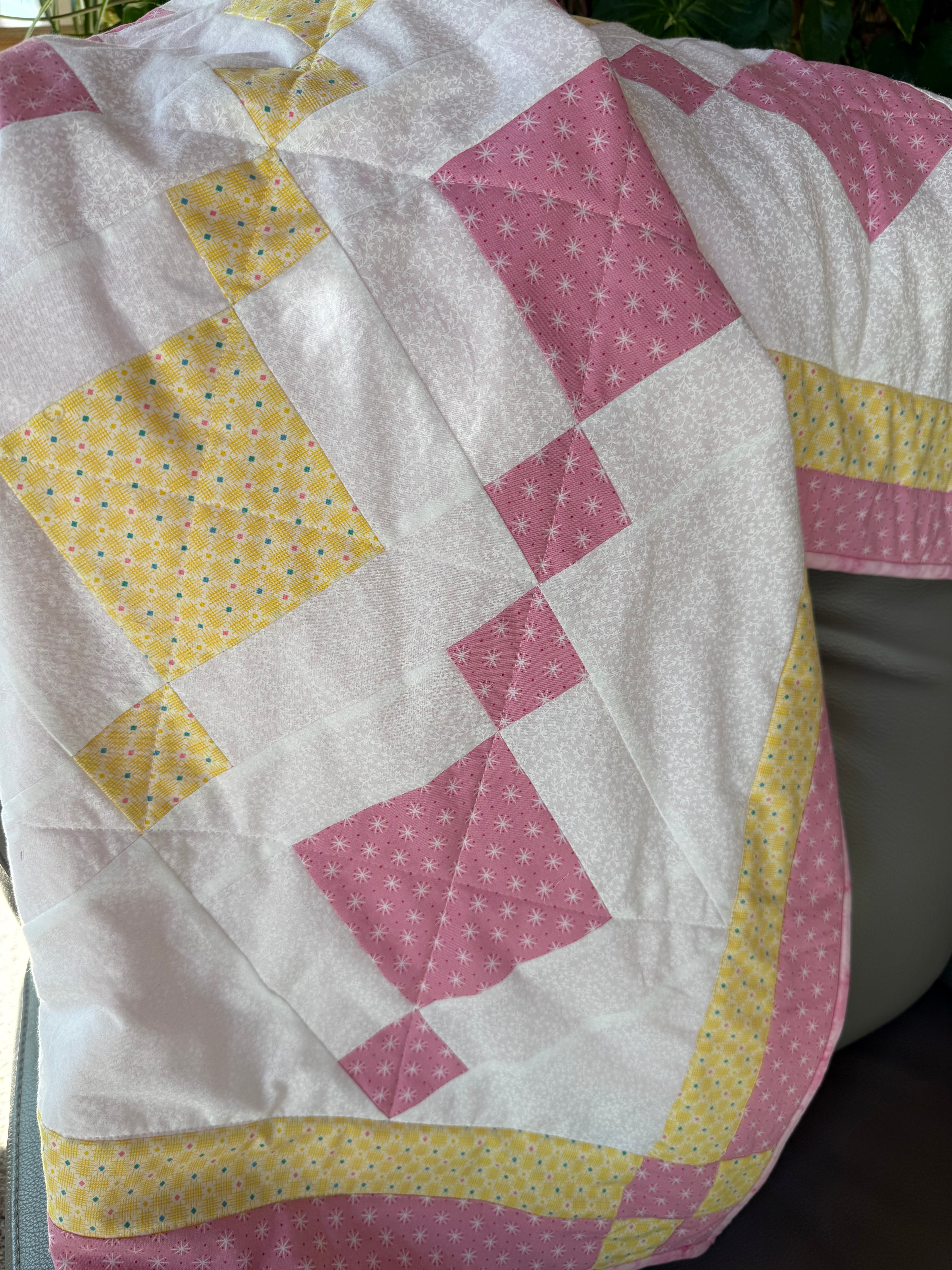 Handmade pink and yellow baby quilt in soft cotton, perfect baby gift, by Oak & Thread Quilts
