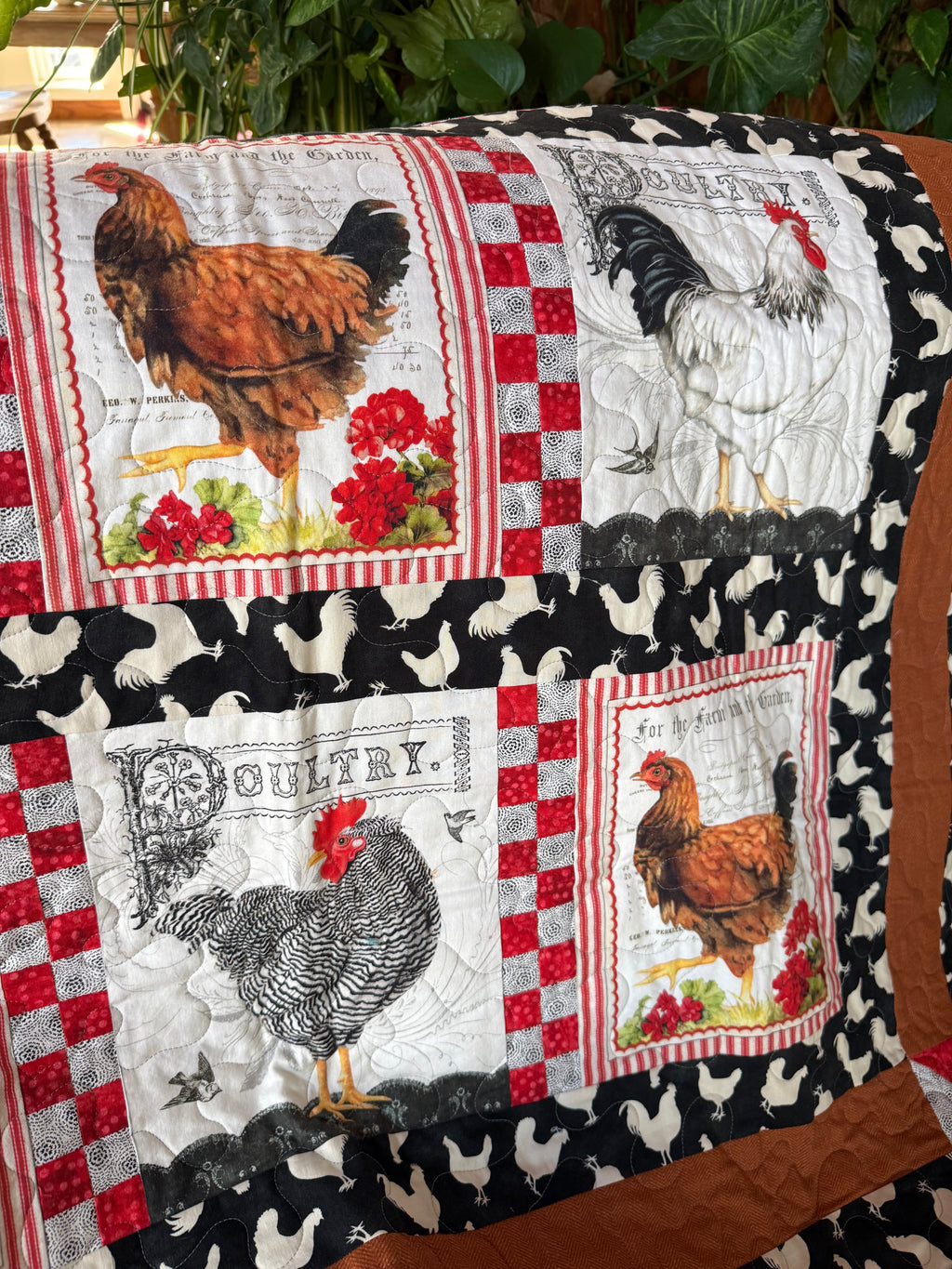 Handmade chicken-themed quilt in farm animal prints, soft cotton, by Oak & Thread Quilts