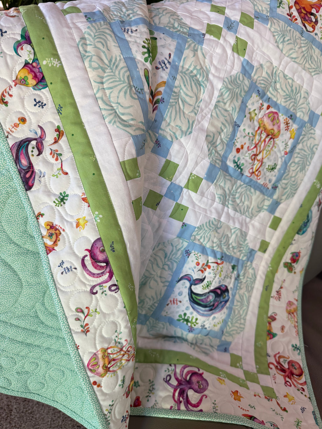 Happy Ocean Life Baby Quilt: handmade baby quilt, 42” x 42”