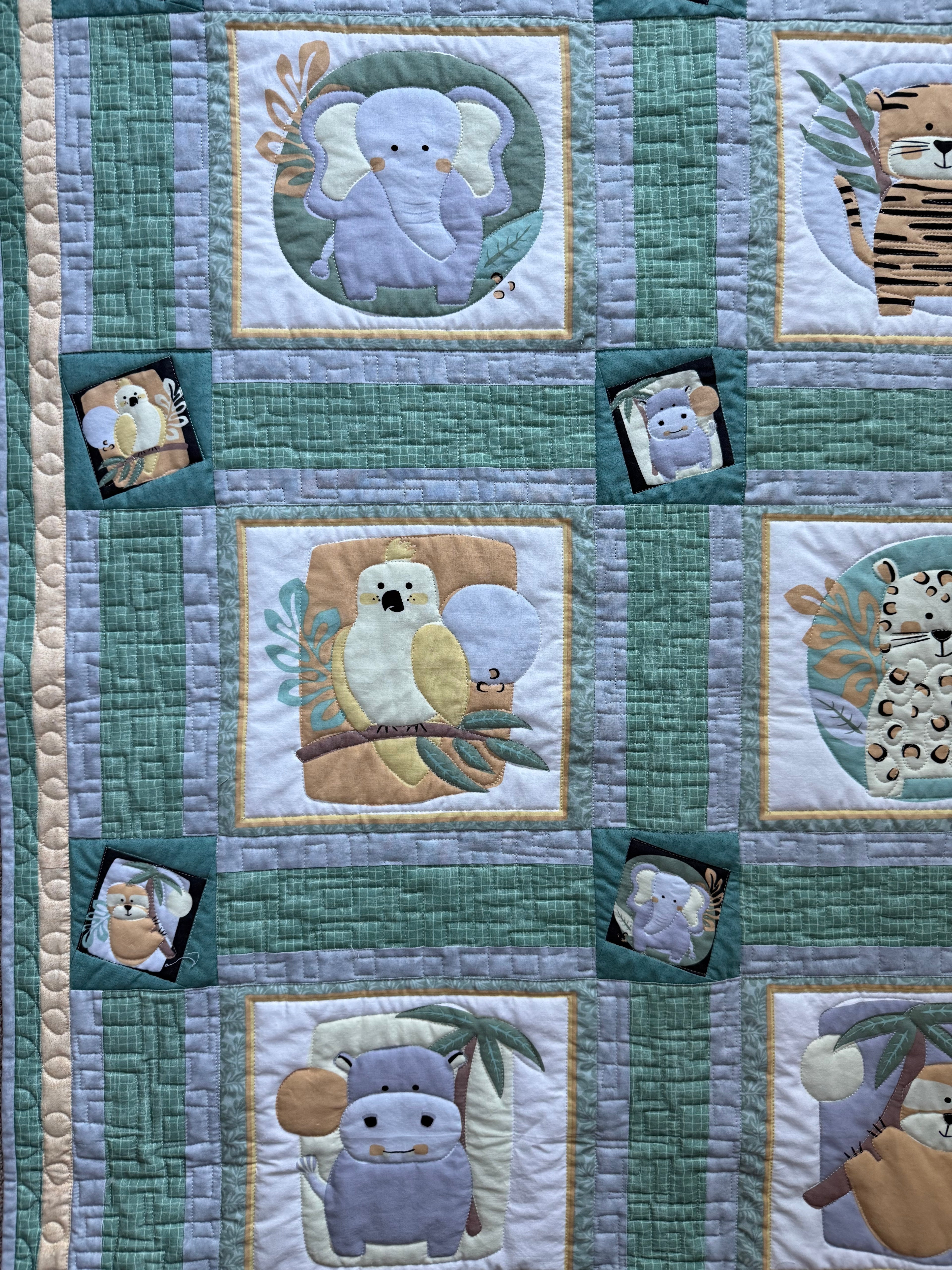 Jungle Baby Quilt: green and gray safari animals