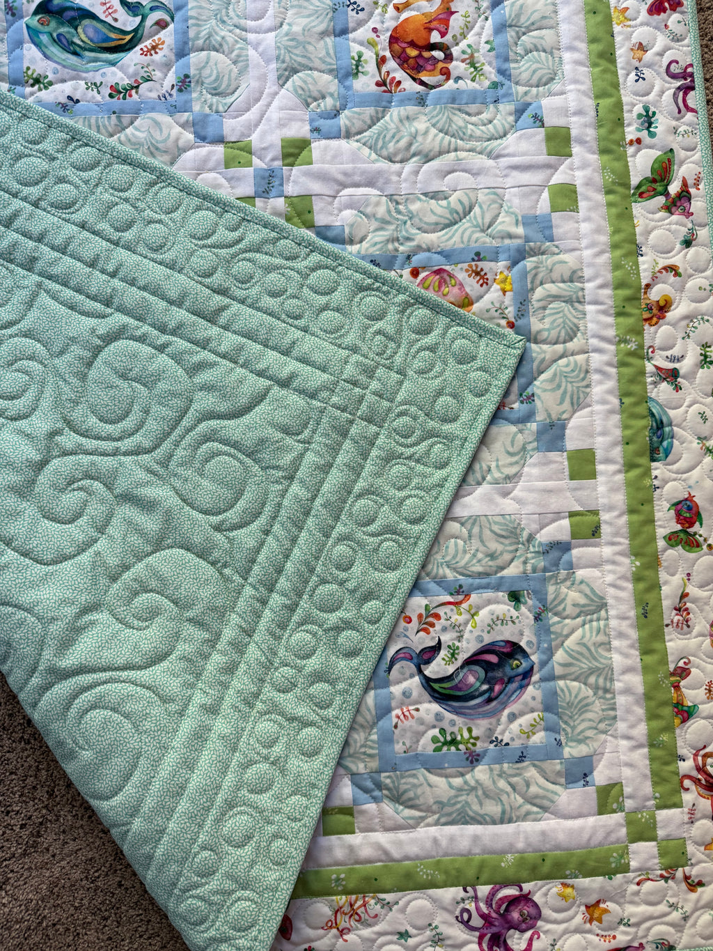 Happy Ocean Life Baby Quilt: handmade baby quilt, 42” x 42”