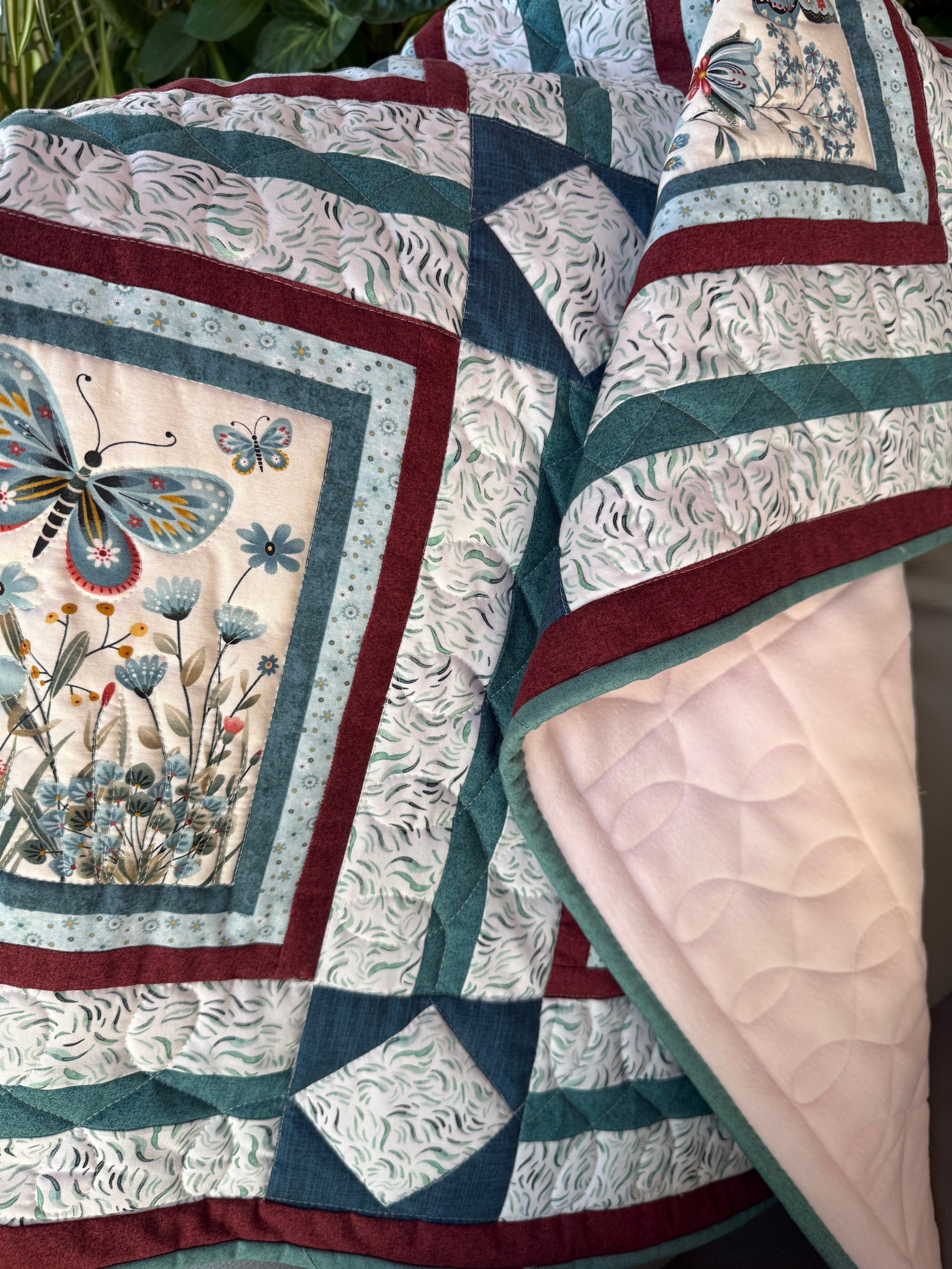Handmade Butterfly Crib Quilt: Blue, Pink, Green Floral Nursery Decor