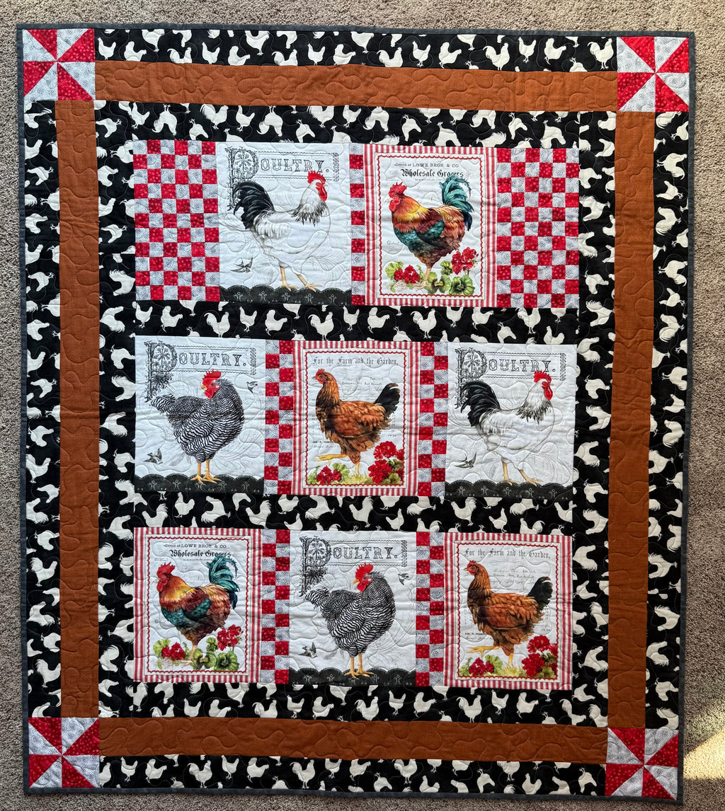 Handmade chicken-themed quilt in farm animal prints, soft cotton, by Oak & Thread Quilts