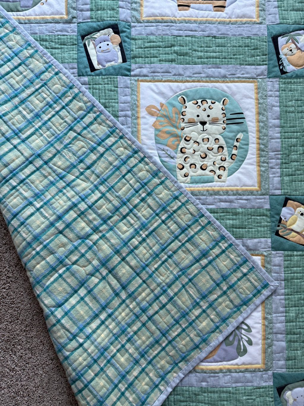 Jungle Baby Quilt: green and gray safari animals