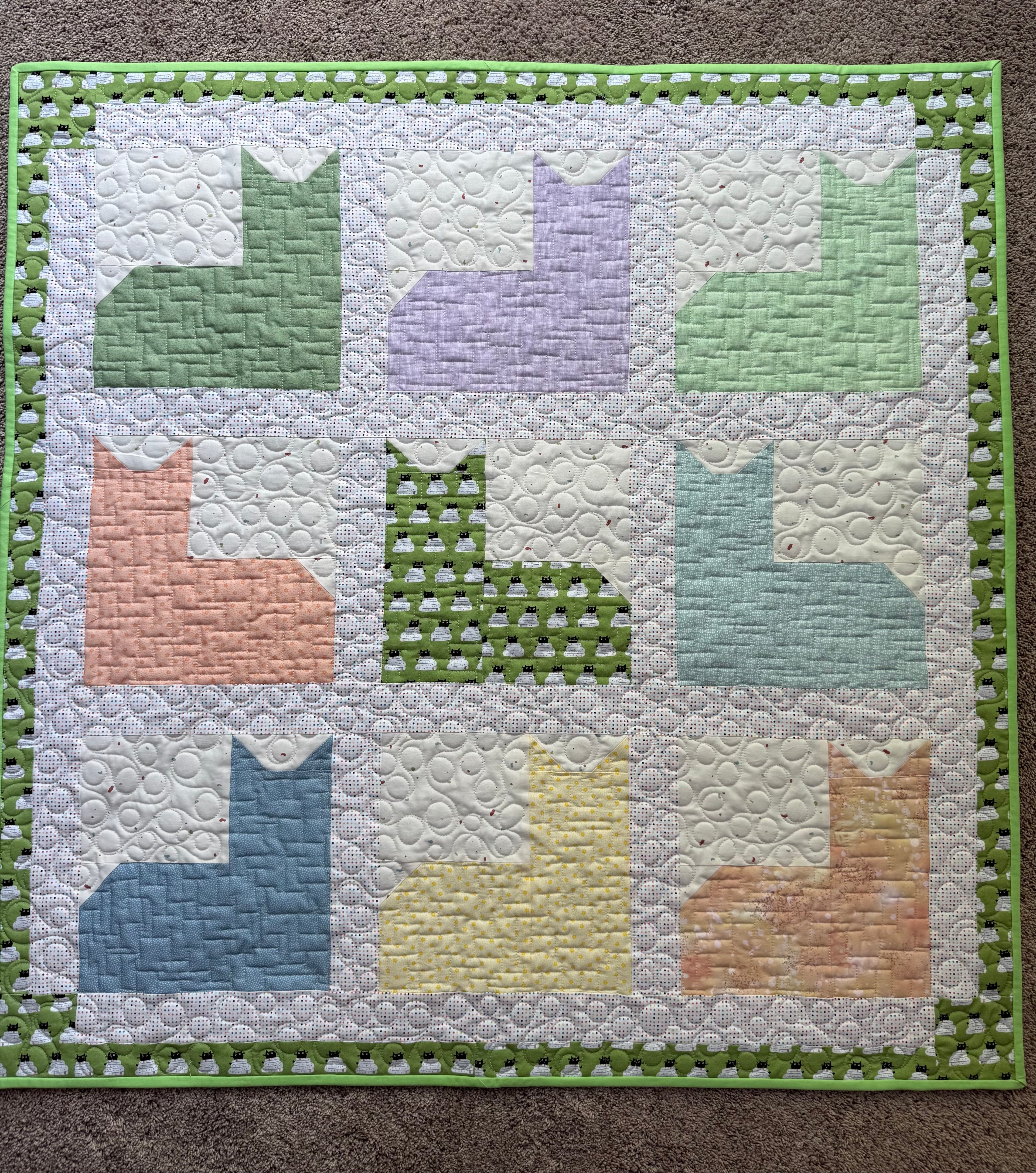Handmade Kitty Quilt:40” square cat baby quilt