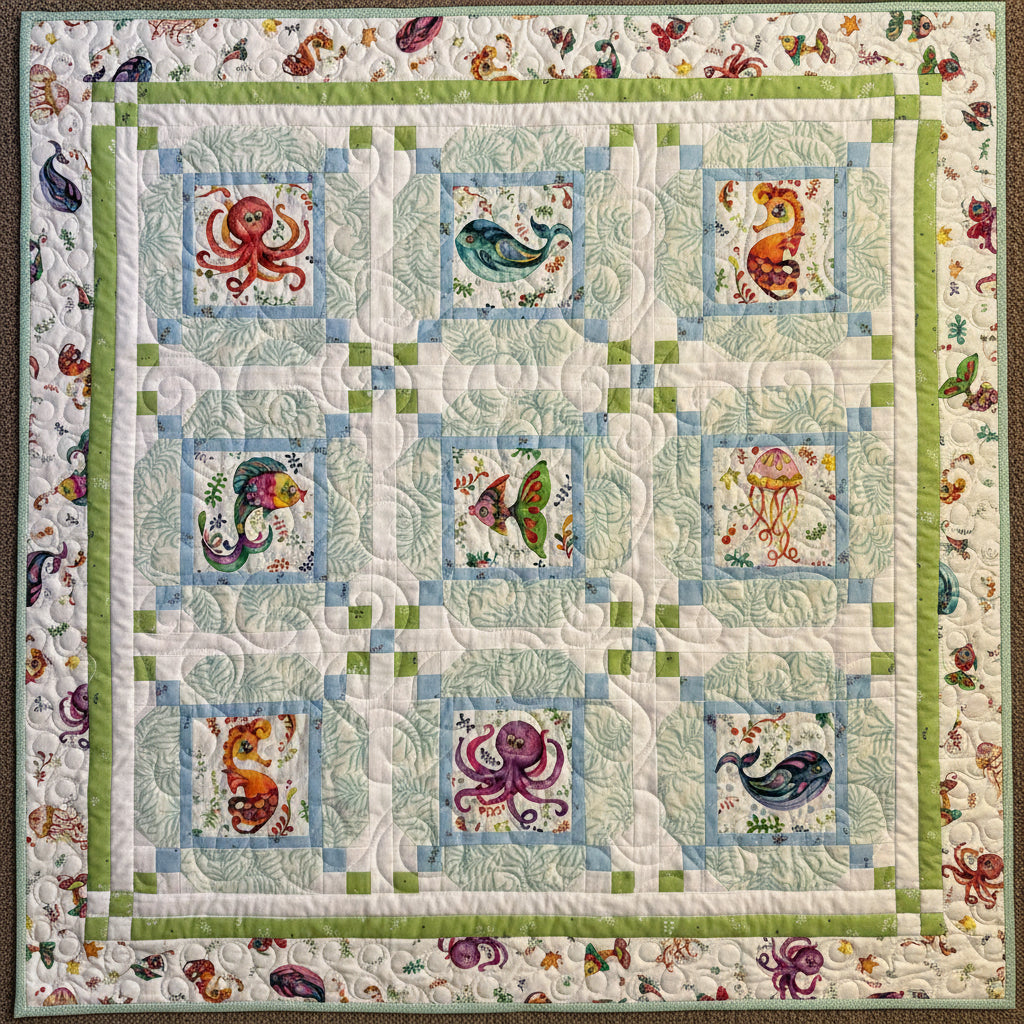 Happy Ocean Life Baby Quilt: handmade baby quilt, 42” x 42”