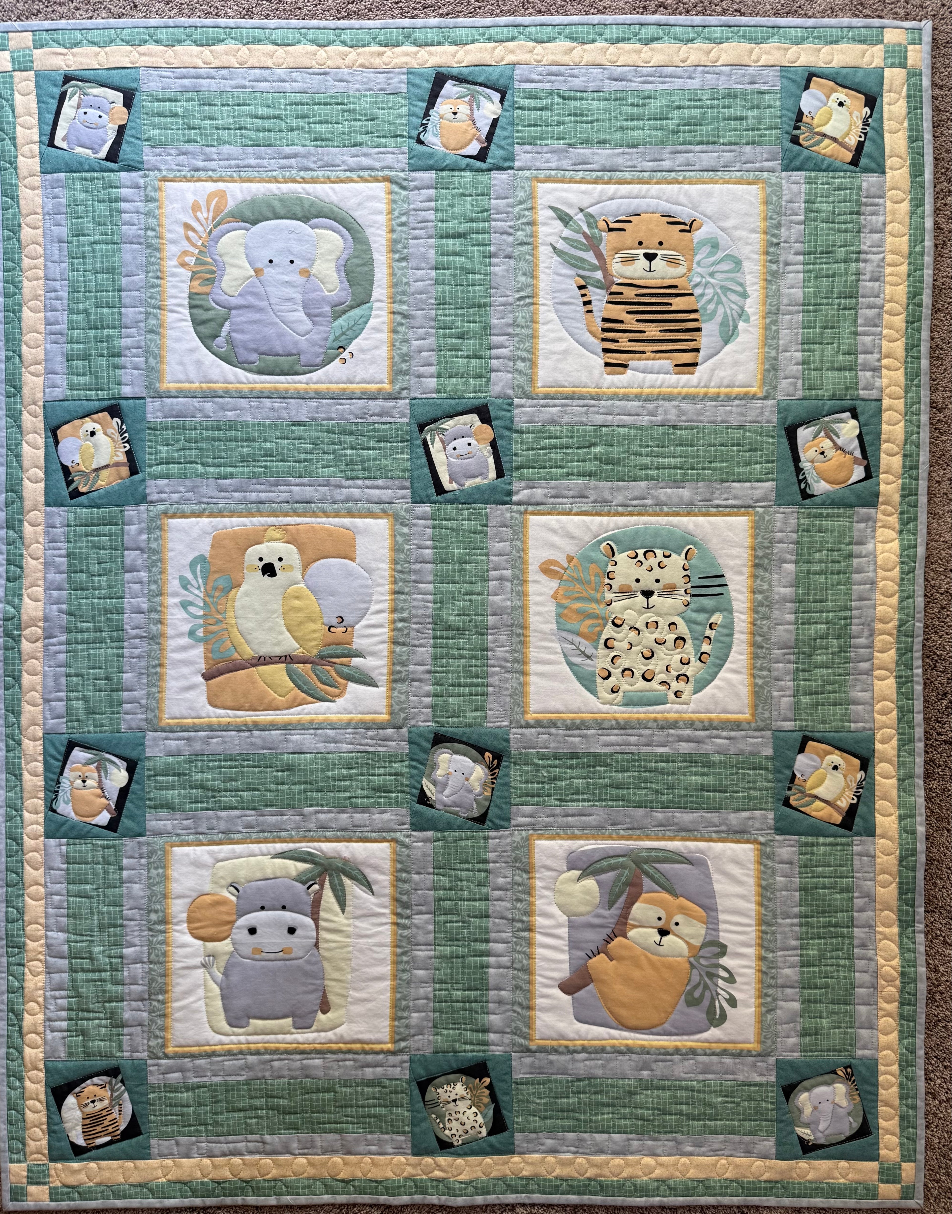Jungle Baby Quilt: green and gray safari animals
