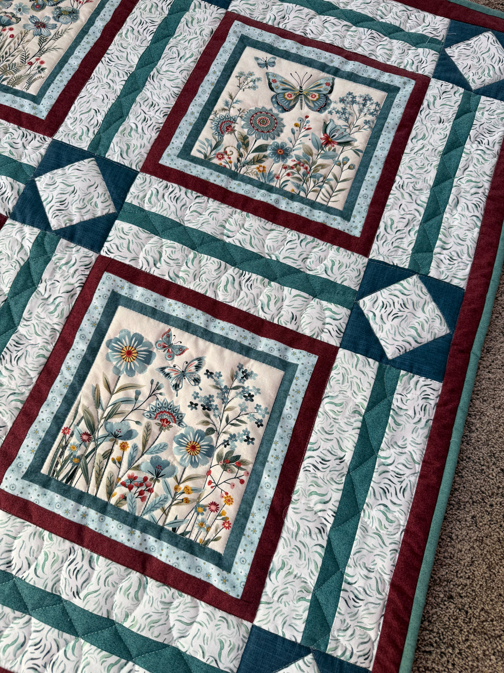Handmade Butterfly Crib Quilt: Blue, Pink, Green Floral Nursery Decor