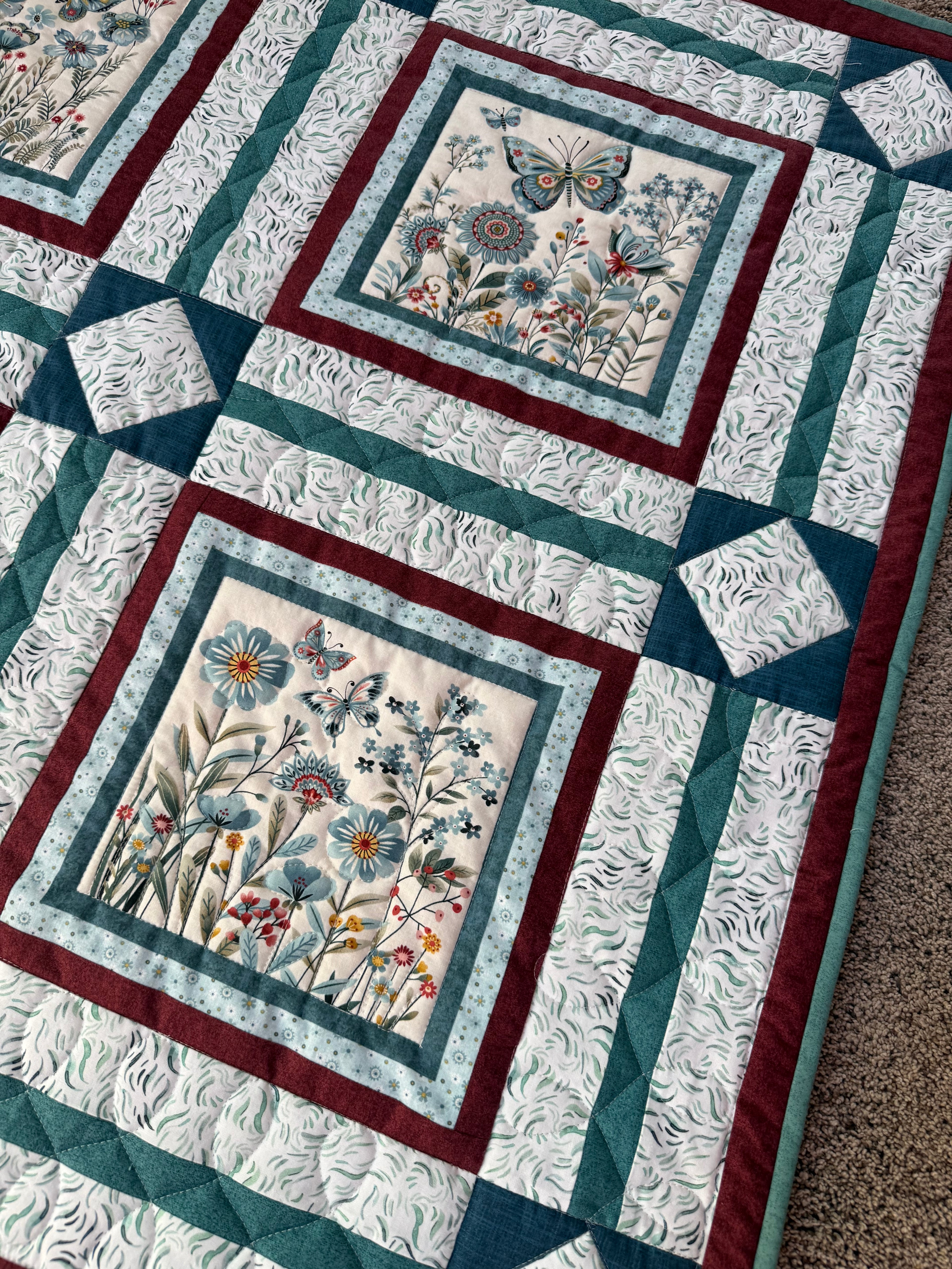 Handmade Butterfly Crib Quilt: Blue, Pink, Green Floral Nursery Decor