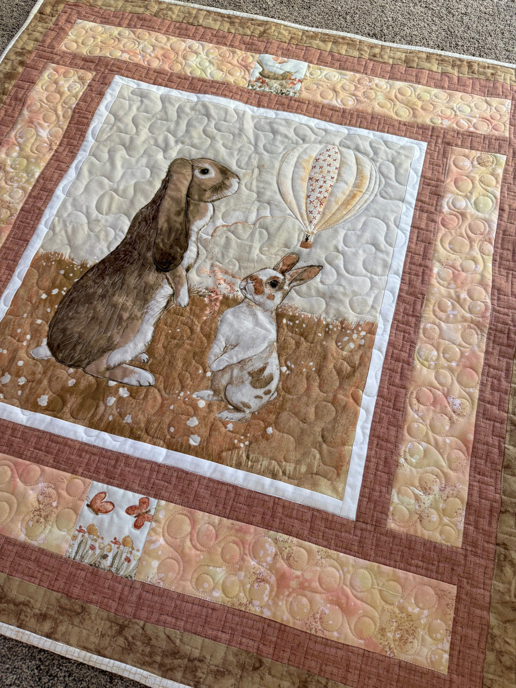 Handmade Bunny Farm Baby Quilt: 38” x 40”