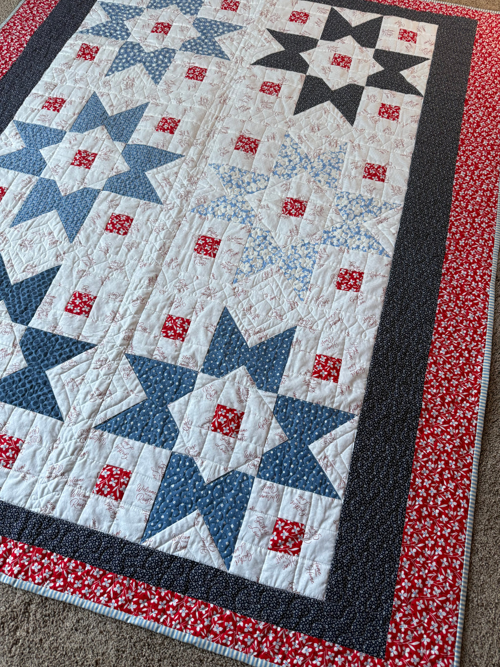 Handmade Star Quilt: 30s Vintage Style, Red White Blue Lap Quilt
