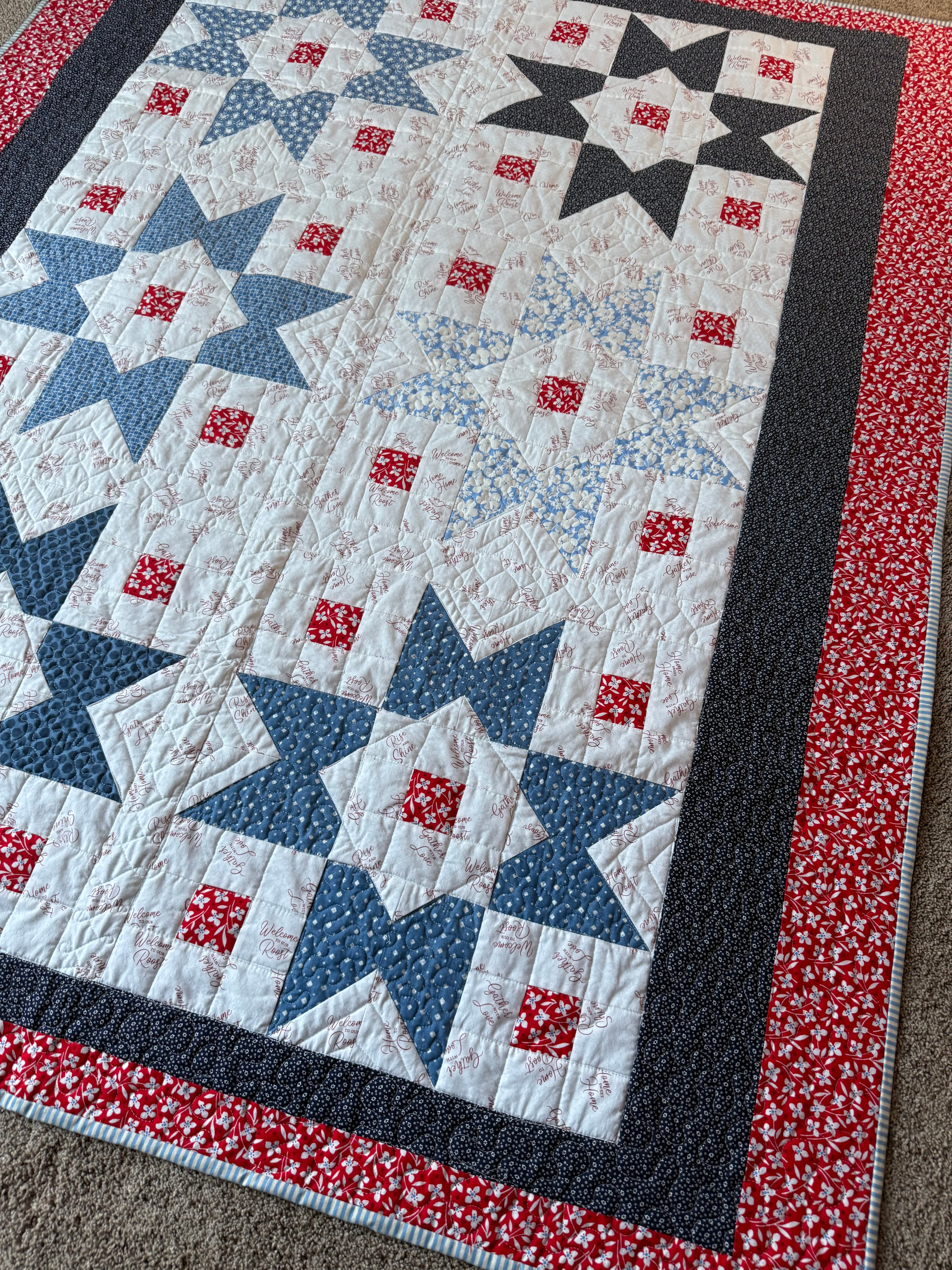 Handmade Star Quilt: 30s Vintage Style, Red White Blue Lap Quilt
