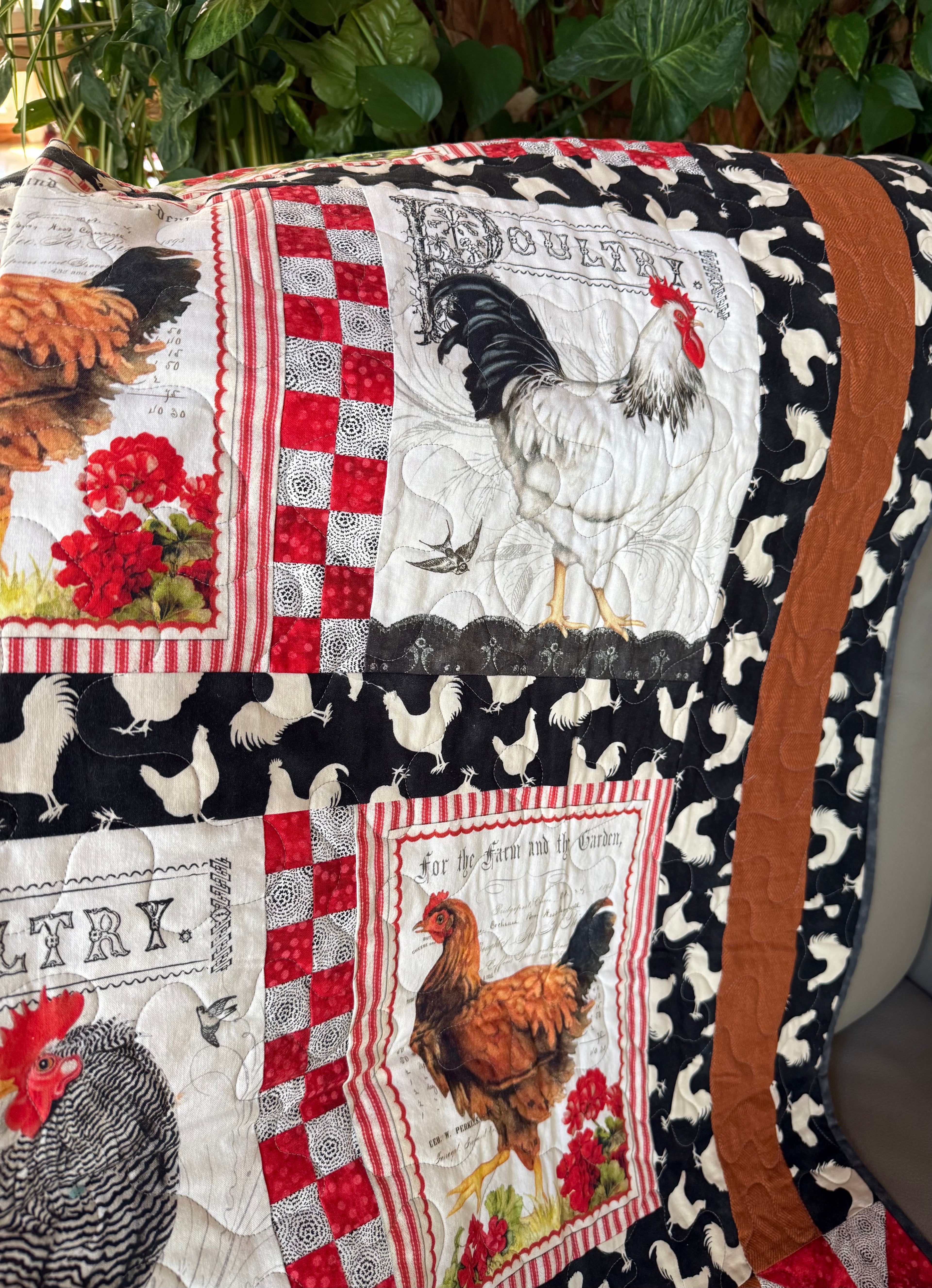Handmade Quilt with rooster and chicken with red and black borders 