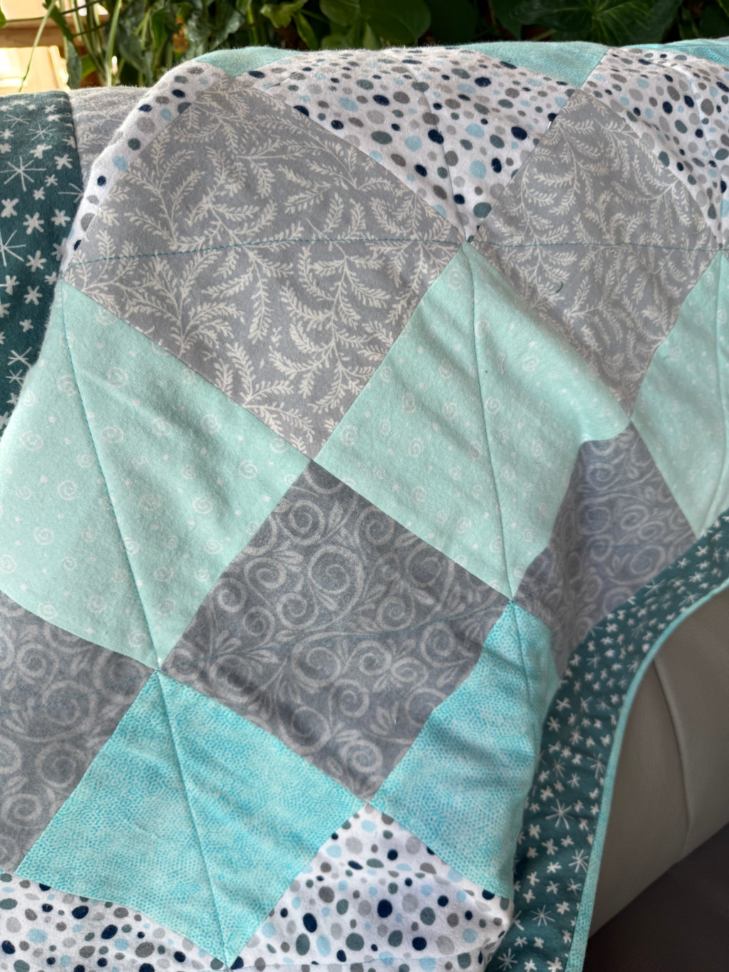 Flannel Scrap Quilt:Teal nursery 45 x 49”