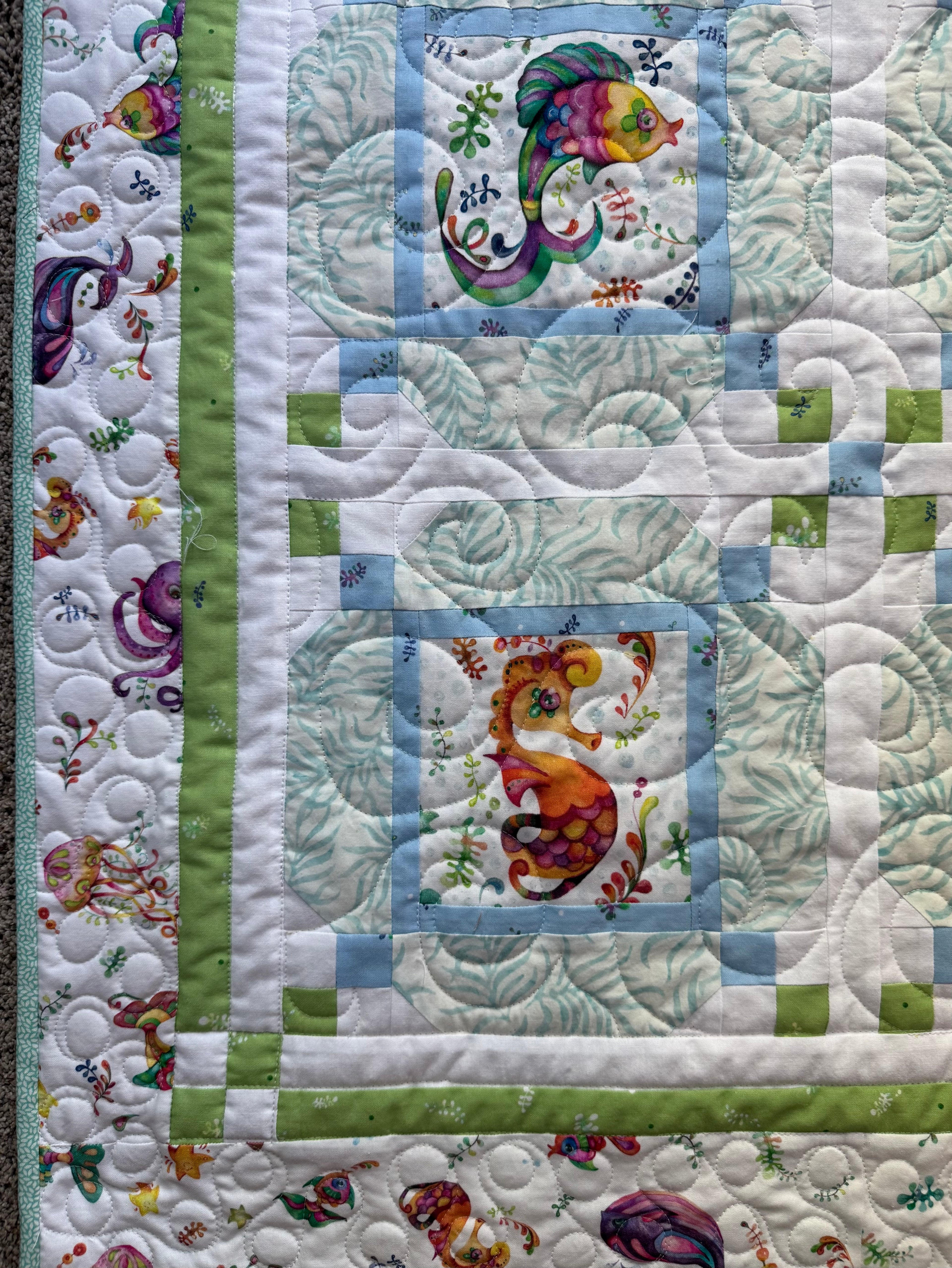 Happy Ocean Life Baby Quilt: handmade baby quilt, 42” x 42”