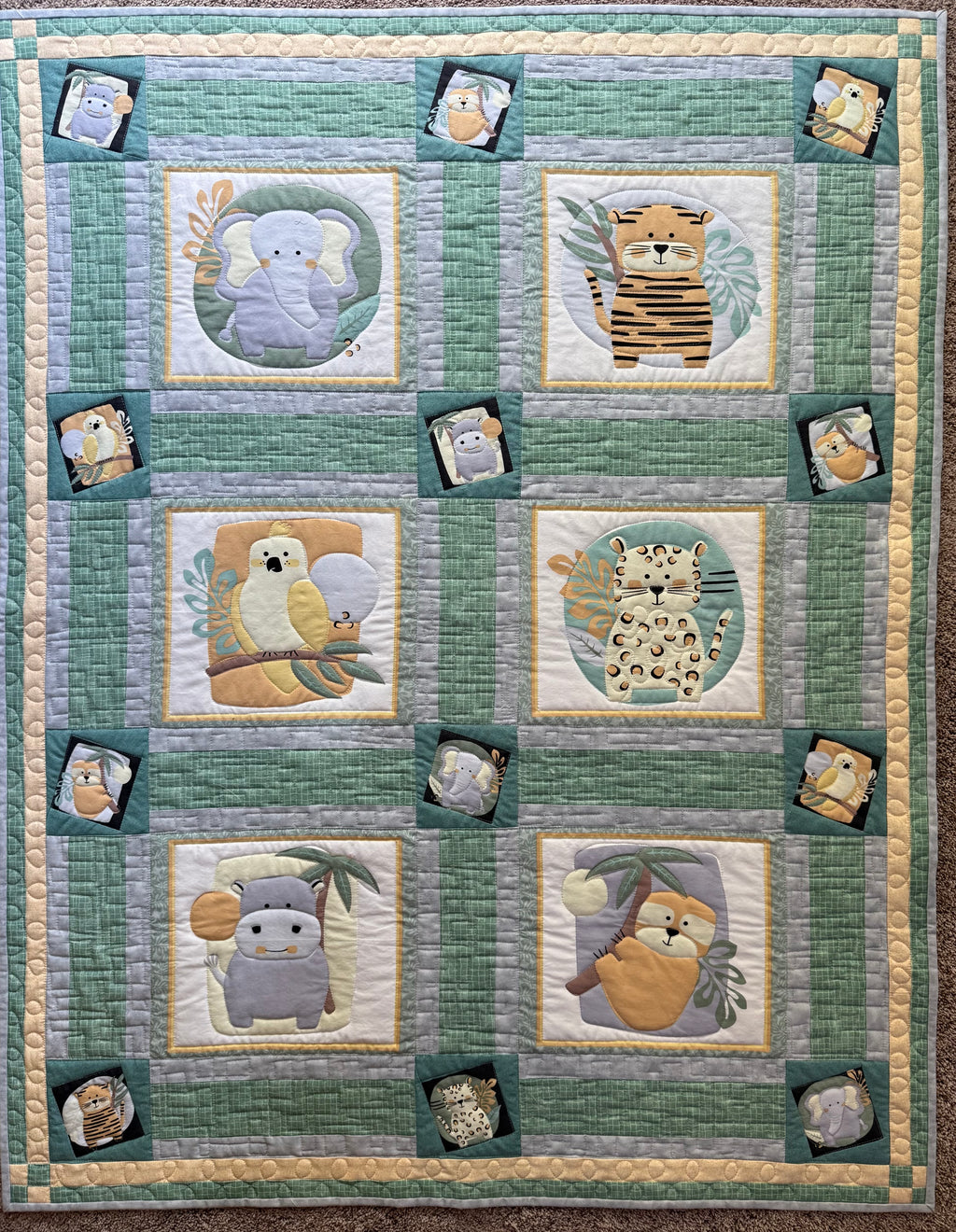 Jungle Baby Quilt: green and gray safari animals