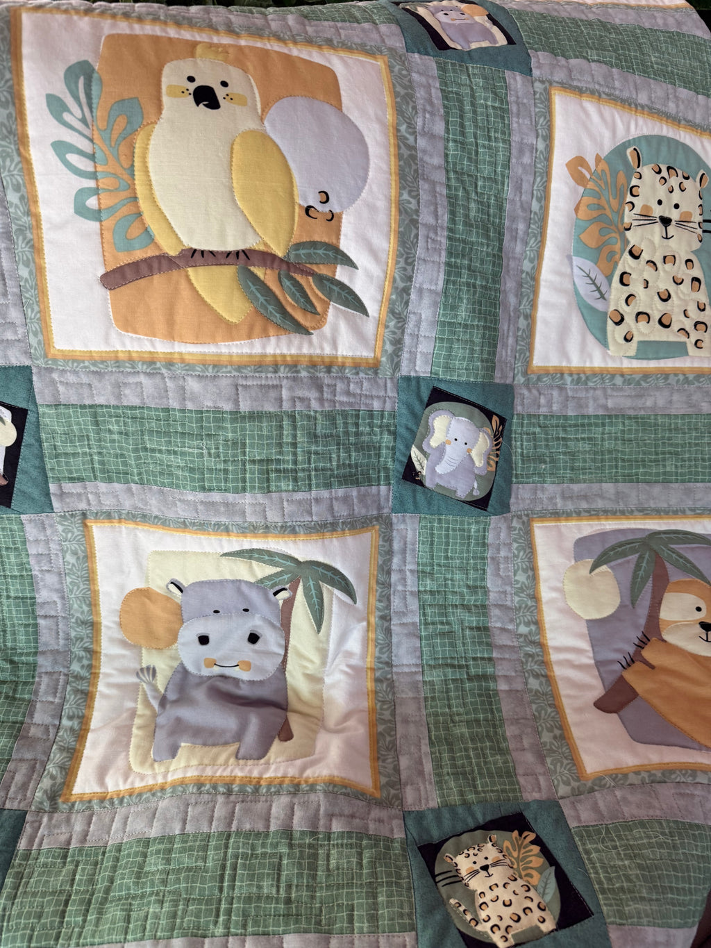 Jungle Baby Quilt: green and gray safari animals