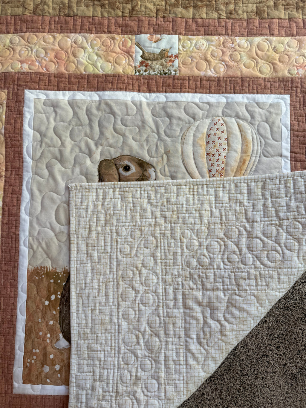 Handmade Bunny Farm Baby Quilt: 38” x 40”