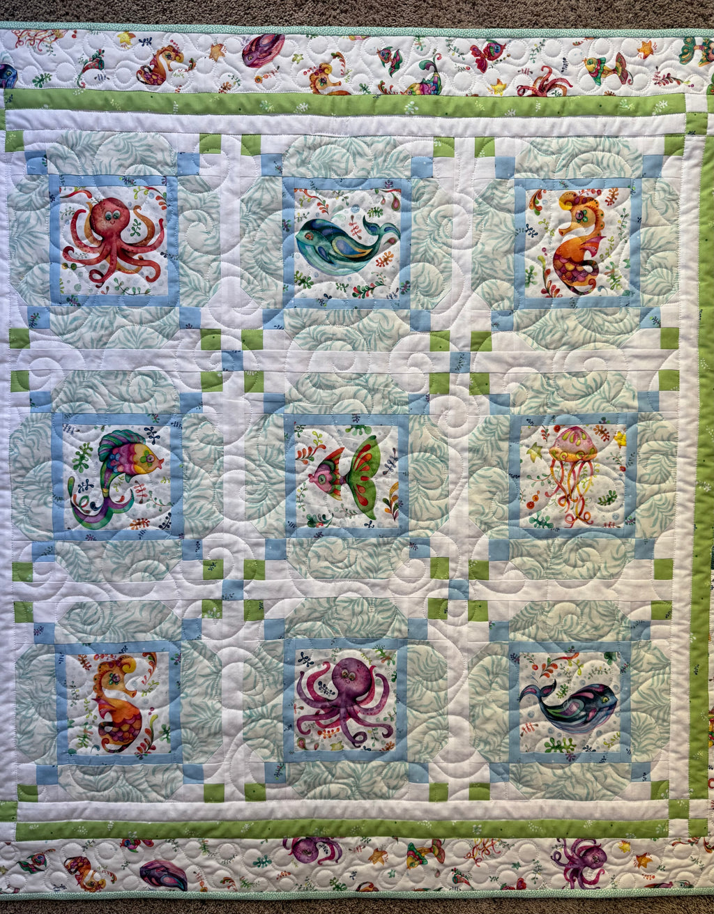 Happy Ocean Life Baby Quilt: handmade baby quilt, 42” x 42”