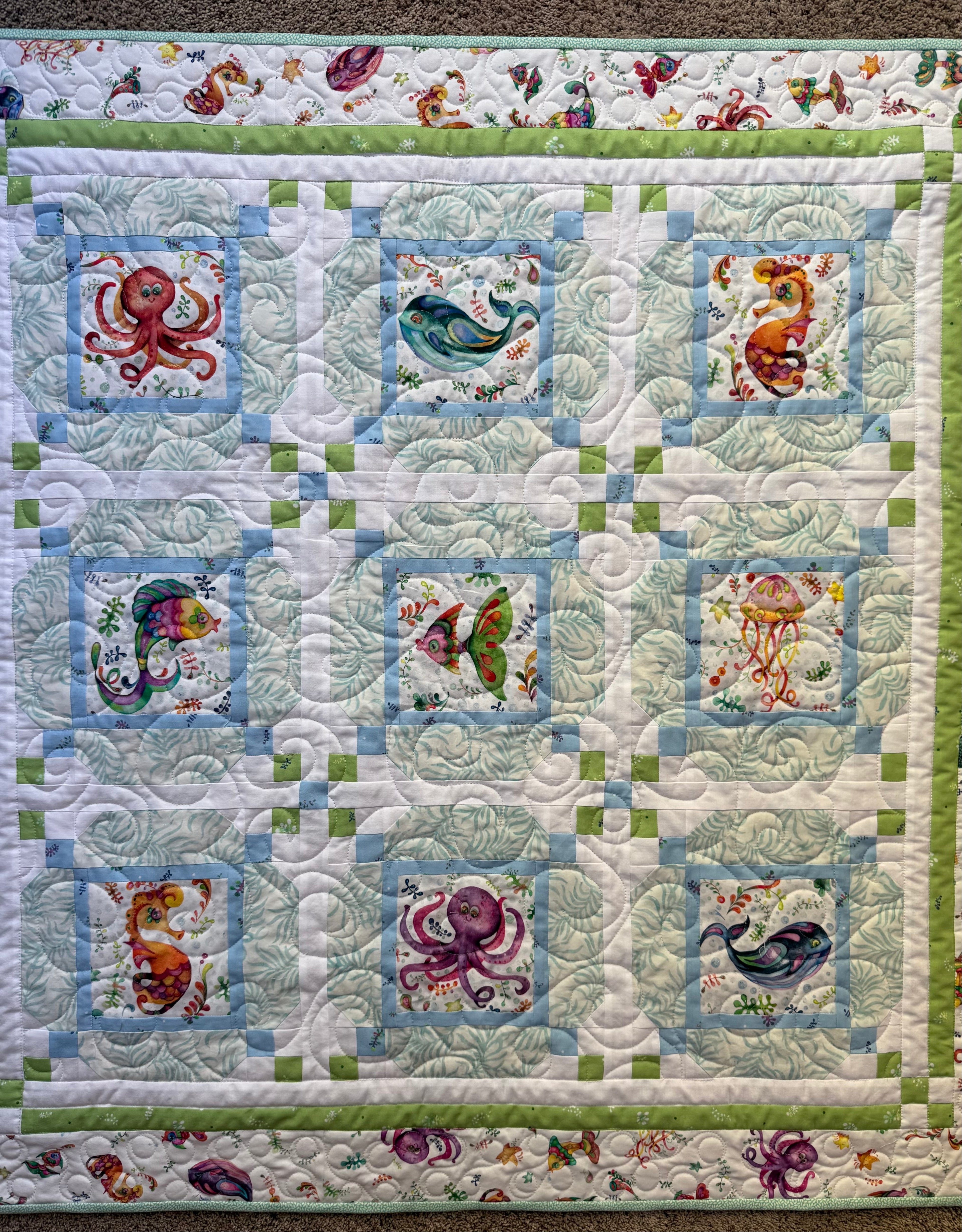 Happy Ocean Life Baby Quilt: handmade baby quilt, 42” x 42”