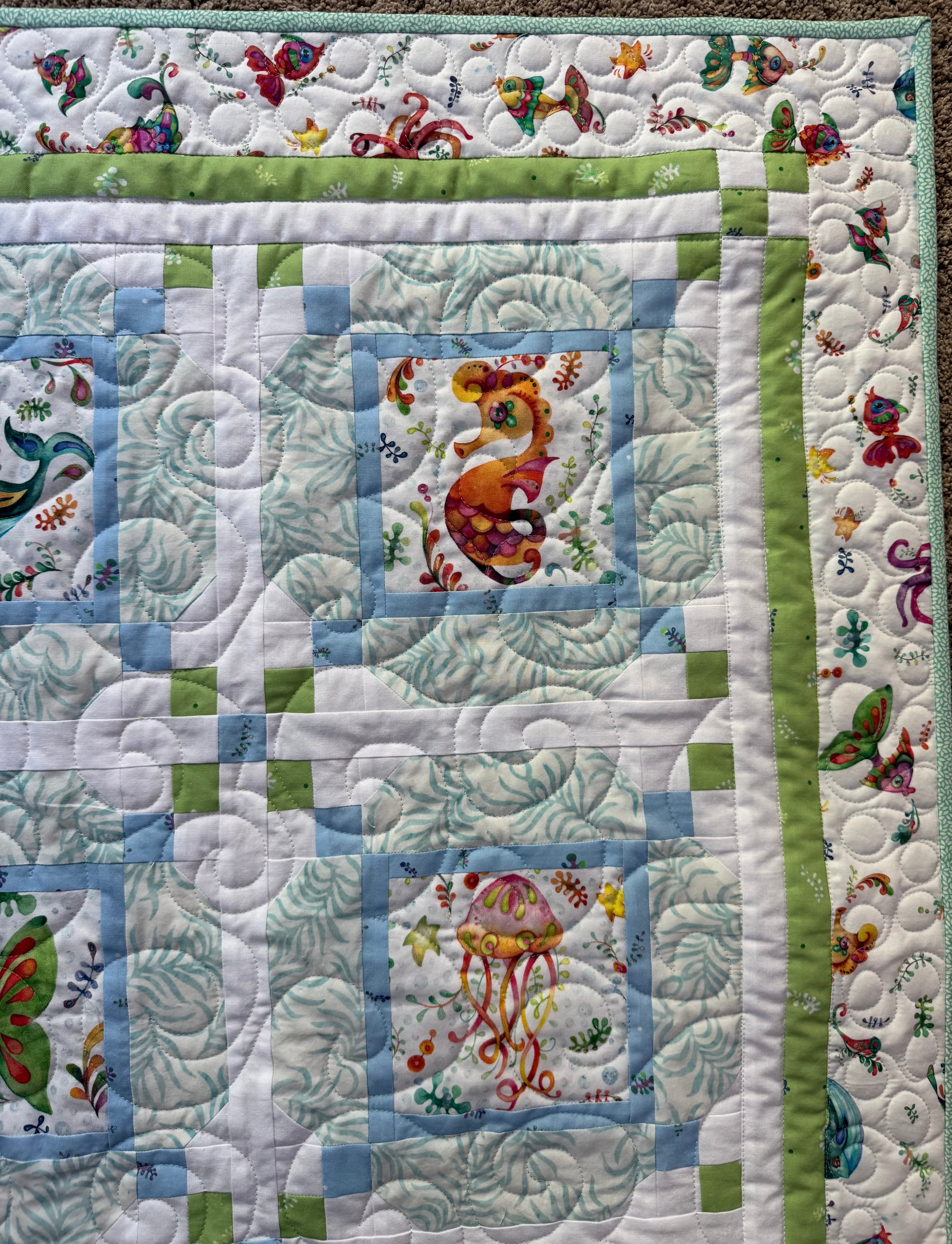 Happy Ocean Life Baby Quilt: handmade baby quilt, 42” x 42”