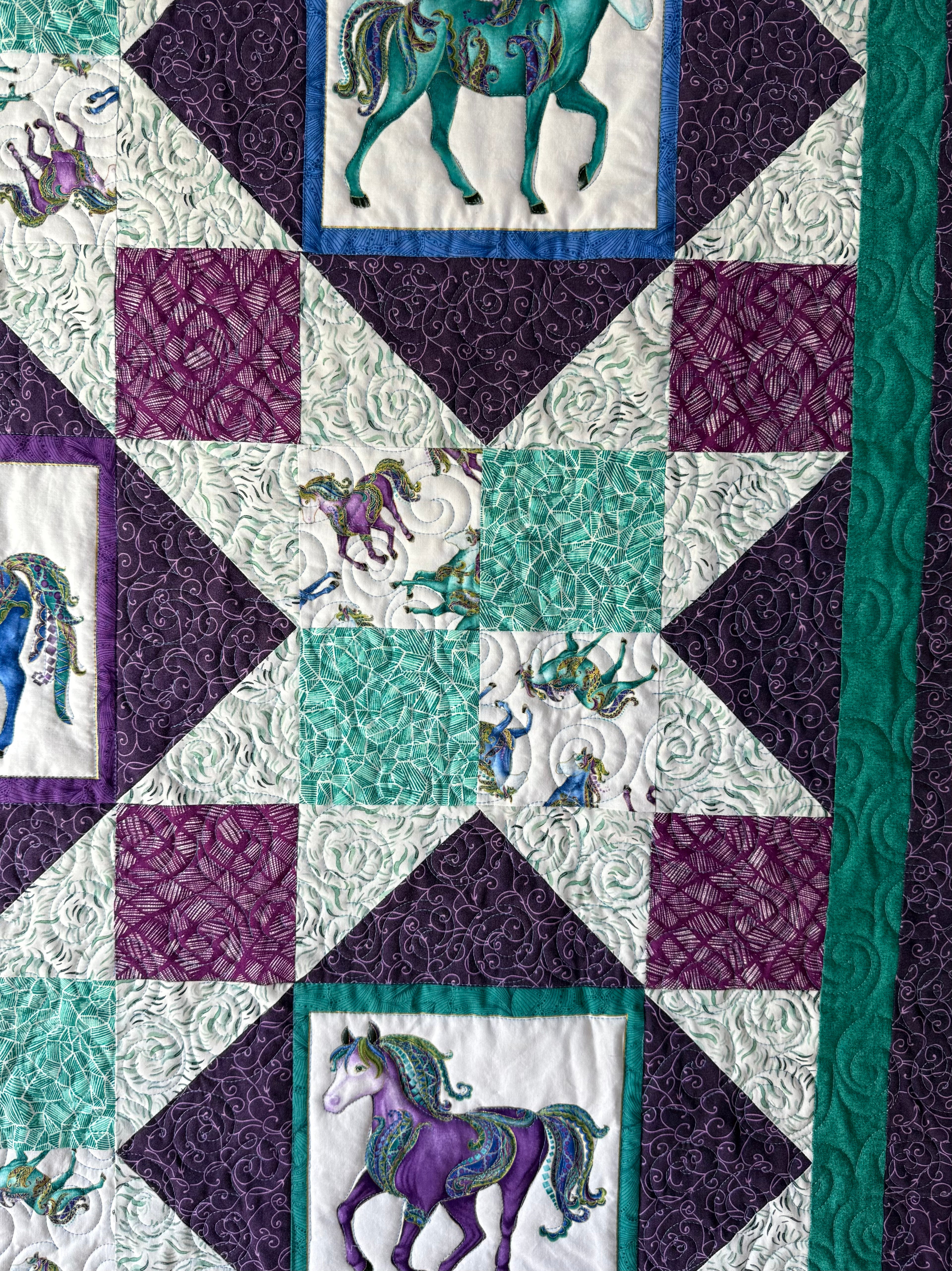 Horse Quilt: Teal, Green and Purple Jewel tones cotton lap quilt