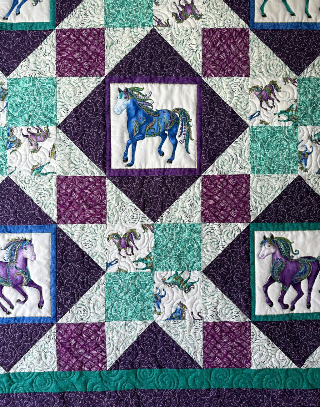 Horse Quilt: Teal, Green and Purple Jewel tones cotton lap quilt