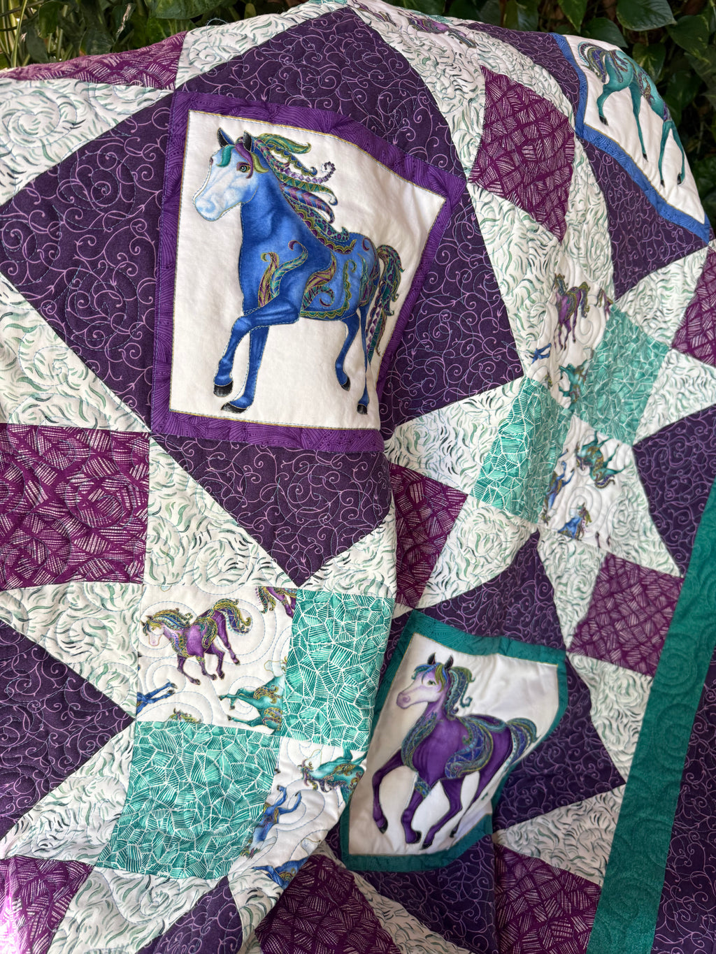 Horse Quilt: Teal, Green and Purple Jewel tones cotton lap quilt
