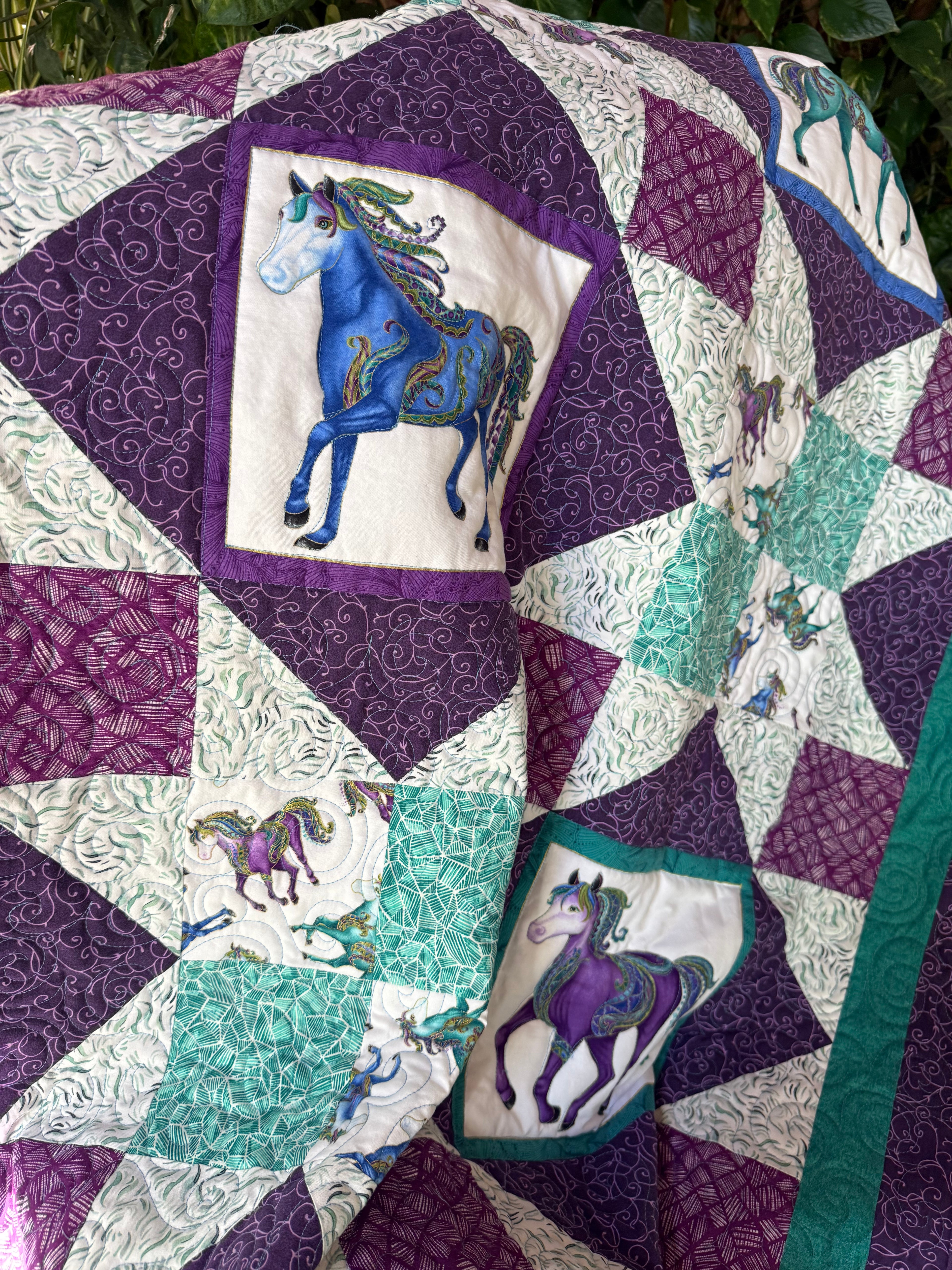Horse Quilt: Teal, Green and Purple Jewel tones cotton lap quilt