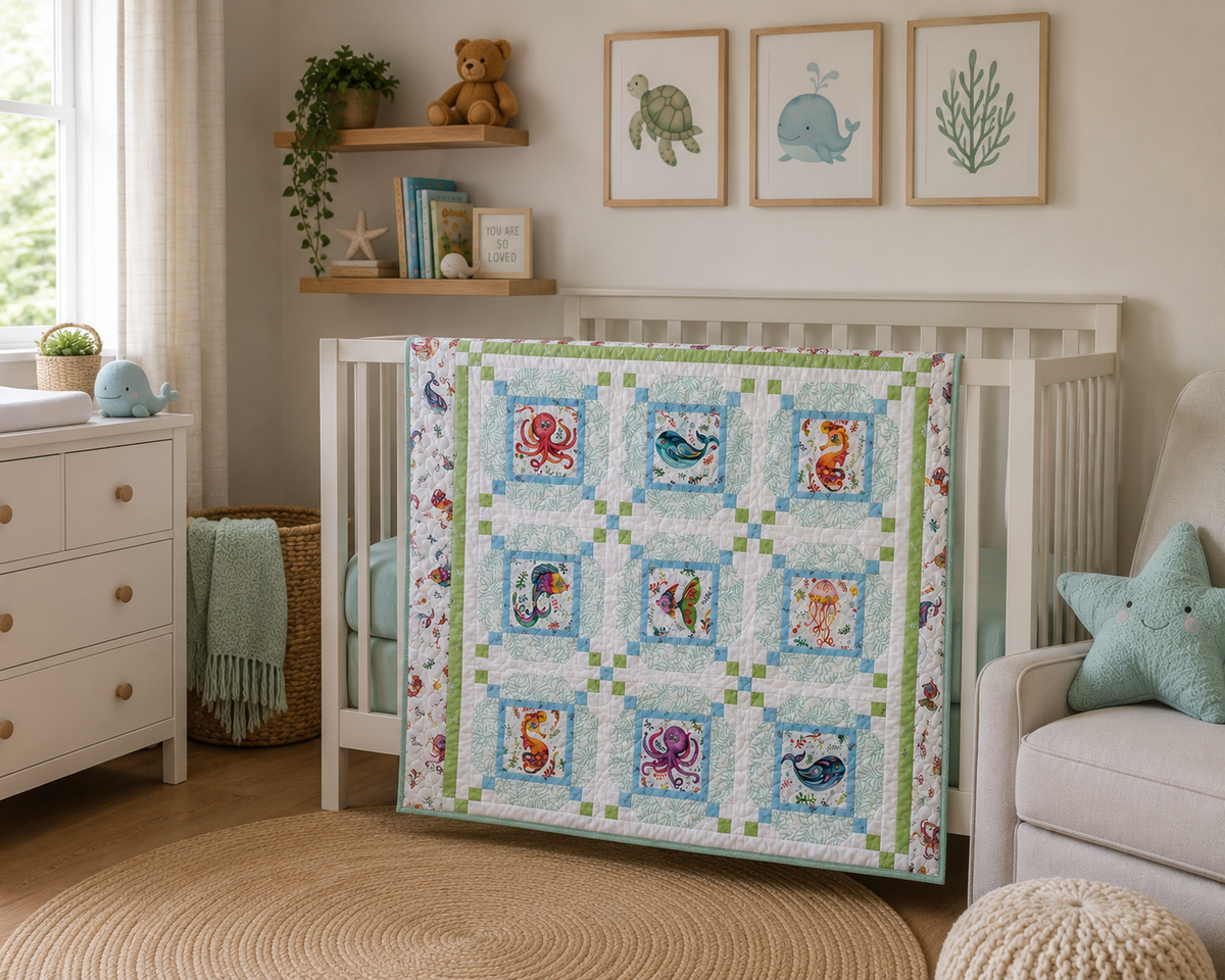 Happy Ocean Life Baby Quilt: handmade baby quilt, 42” x 42”