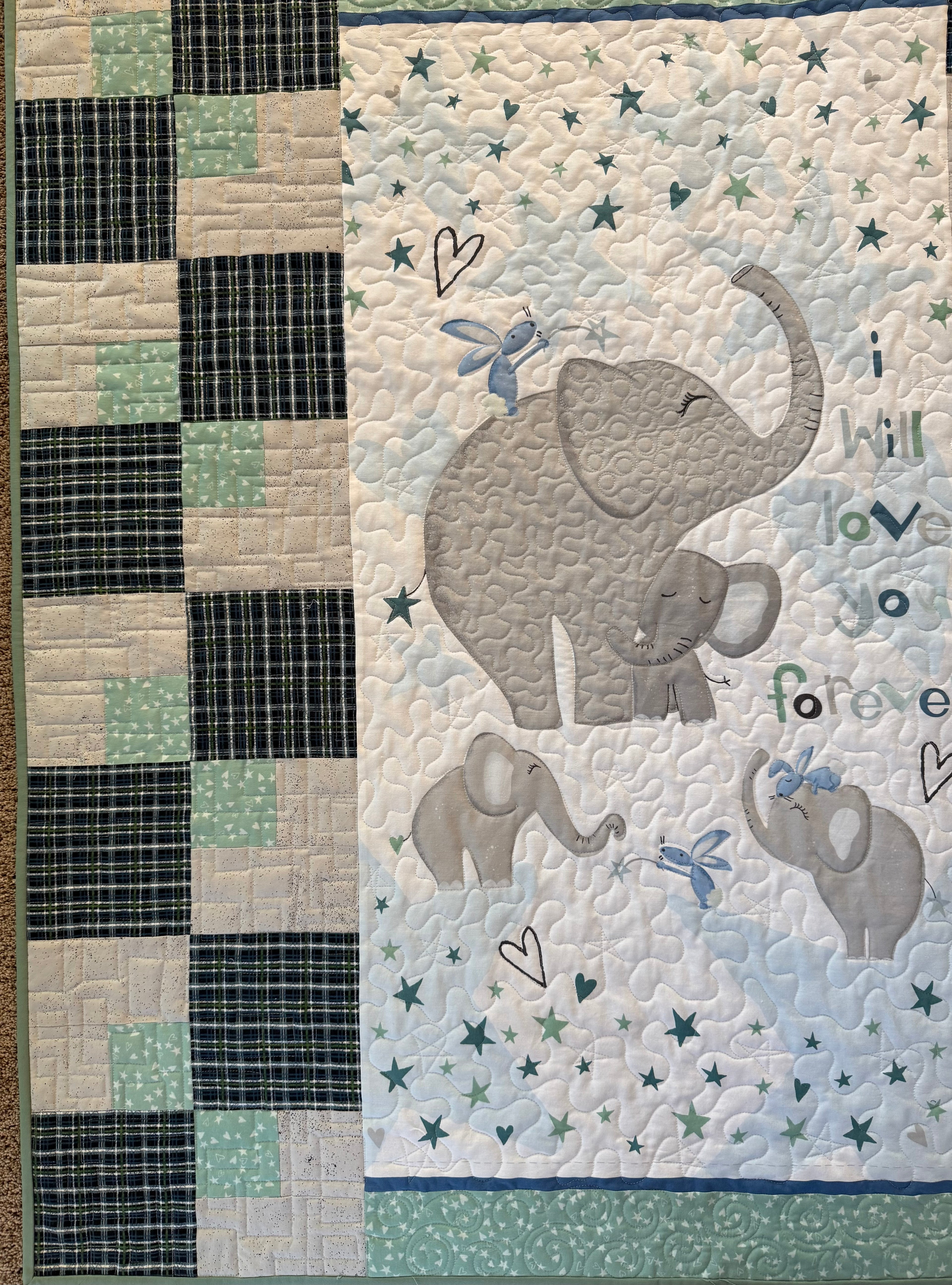 Elephant Jungle Baby Quilt: Safari nursery 43 x 47”