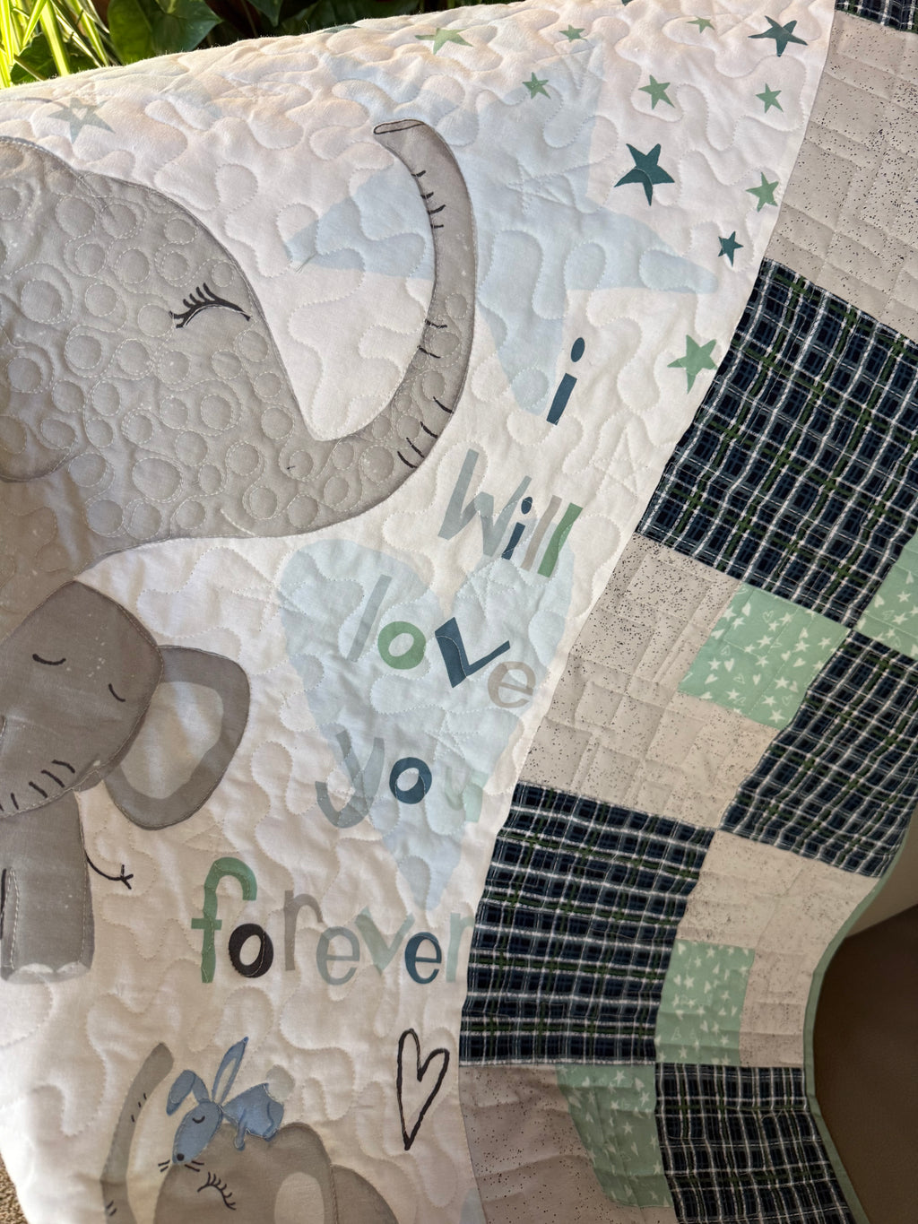 Elephant Jungle Baby Quilt: Safari nursery 43 x 47”