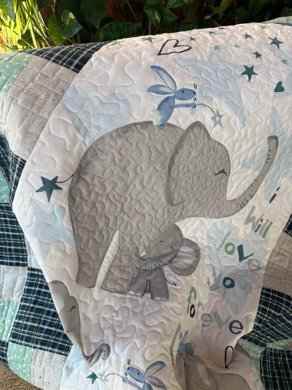 Elephant Jungle Baby Quilt: Safari nursery 43 x 47”