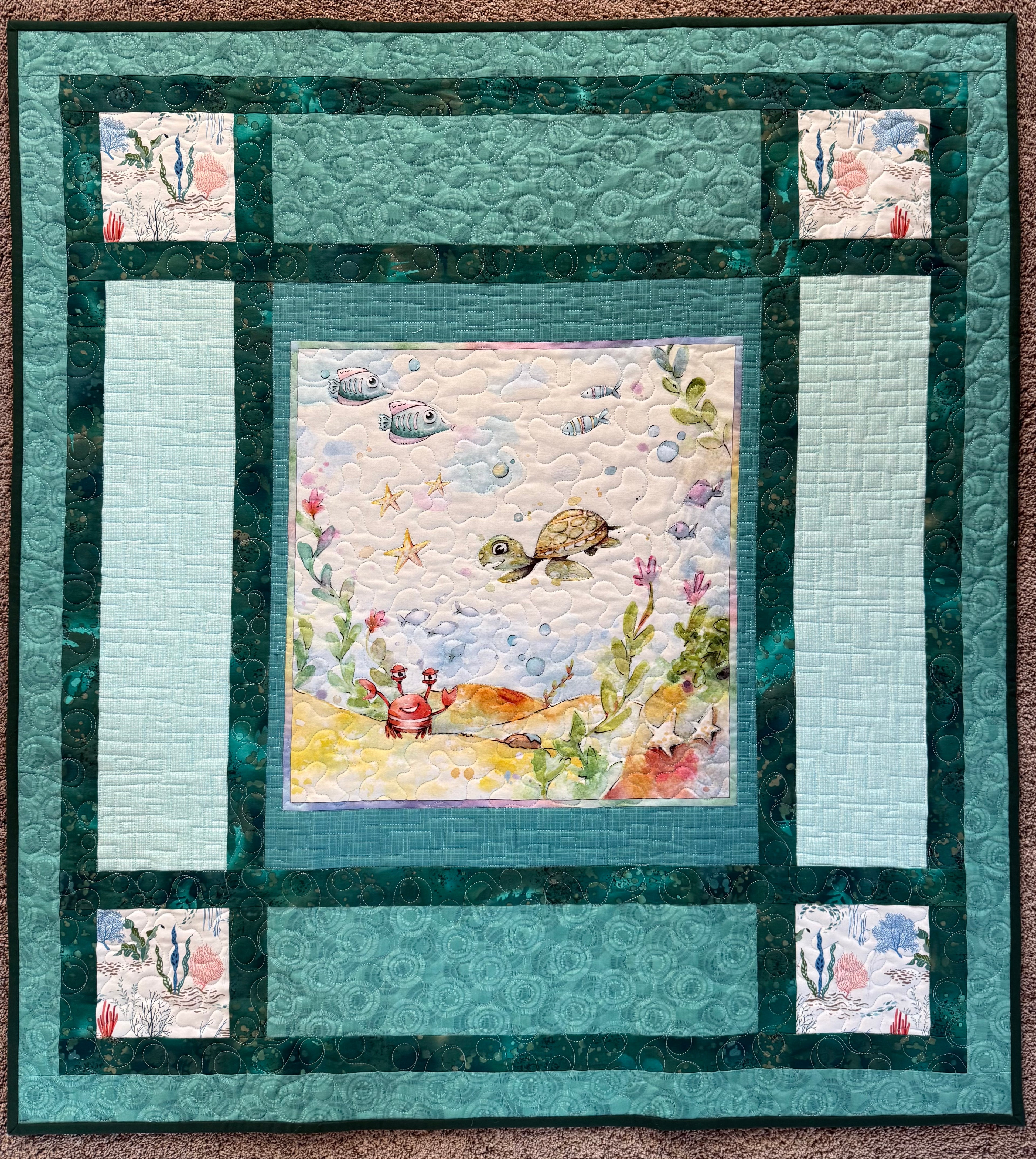 Handmade Ocean Quilt:Sea life nursery 39 x 42”